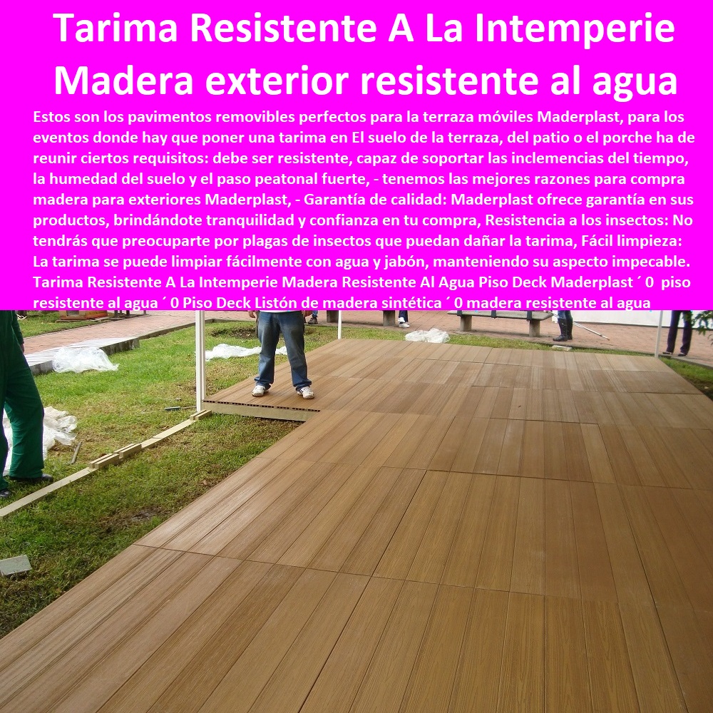 Tarima Resistente A La Intemperie Madera Resistente Al Agua Piso Deck Maderplast 0 piso resistente al agua 0 Piso Deck Listón de madera sintética 0 madera resistente al agua para baños 0 madera para exterior resistente al agua 0 Pisos Tarima Resistente A La Intemperie Madera Resistente Al Agua Piso Deck Maderplast ´ 0  piso resistente al agua ´ 0  PISOS MADERA PLÁSTICA MADERPLAST 0 FÁBRICA PROVEEDOR SUMINISTRO E INSTALACION PISO DECK LISTÓN MADERA 0 PISO DE MADERA PLÁSTICA 0   Los más durables tarimas de madera Maderplast 0 Seguridad: La tarima cumple con los estándares de seguridad, garantizando un uso sin riesgos. ´ - 0 pisos anti caídas de plástico Maderplast 0 Resistente a la decoloración causada por productos químicos, lo que garantiza una apariencia duradera. ´ - 0 la mejor calidad de pisos es Maderplast 0 Pisos resistentes ´ - 0 ventajas cualidades y bondades pisos Maderplast 0 Resistencia a los rayos UV: No se decoloran ni se dañan por la exposición al sol. ´ - 0 pisos anti humedad de plástico Maderplast 0 Resistente al agua y a la humedad, lo que lo hace ideal para baños y cocinas. ´ - 0 Los más finos materiales de madera Maderplast 0 Resistencia a los insectos: No tendrás que preocuparte por plagas de insectos que puedan dañar la tarima. ´ - Piso Deck Listón de madera sintética ´ 0 madera resistente al agua para baños ´ 0 madera para exterior resistente al agua ´ 0 Pisos