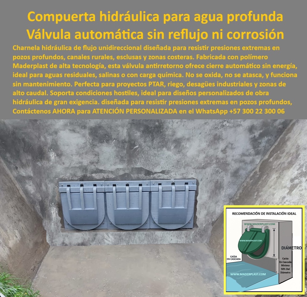 Charnela Válvula Antirretorno Clapeta Agua Pozo Profundo Cierre Hidráulico Maderplast 0 precio de charnela plástica para desagüe charnela de flujo unidireccional compuerta plástica resistente al agua salina Charnela Mar 01 La imagen revela una solución hidráulica avanzada y contundente: un sistema compuesto por tres charnelas hidráulicas tipo válvula antirretorno, instaladas en paralelo sobre una pared de concreto pulido. Cada válvula tipo clapeta está diseñada para operar en pozos profundos, canales rurales, escotillas industriales, esclusas y zonas costeras donde la presión hidráulica, la salinidad y la carga química exigen tecnologías sin margen de falla. El sistema completo forma una compuerta múltiple plástica resistente al agua salina, de cierre automático, con funcionamiento autónomo y sin partes metálicas, lo que elimina completamente el riesgo de corrosión y atascamiento., - Estas válvulas unidireccionales de alta presión están fabricadas por Maderplast con polímero técnico anticorrosivo, un material que ha sido probado en ambientes hostiles con aguas residuales salinas, carga química agresiva y presiones extremas. Cada charnela opera con un mecanismo simple y confiable: cierre por gravedad activado por el flujo natural del agua. No se necesita energía, ni presión externa, ni mantenimiento. Son dispositivos de retención pasiva de máxima eficiencia, especialmente indicados para PTAR, sistemas de riego, zonas industriales o infraestructuras hidráulicas de gran exigencia., - ¿Qué válvula se usa para descarga de pozos profundos? Esta imagen lo responde con claridad: una charnela múltiple para pozos, diseñada para ofrecer cierre simultáneo con total hermeticidad y sin oxidación. El sistema que se muestra fue instalado en un recinto técnico de concreto donde los ingenieros enfrentaban problemas de reflujo constante, corrosión acelerada y pérdida de eficiencia hidráulica. Con la incorporación de esta solución modular, lograron controlar el flujo con precisión y evitar el colapso del sistema por presión inversa., - ¿Cómo controlar el reflujo en agua salina con alta presión? La válvula múltiple canal sin retorno que aparece en la imagen ha sido instalada con base en una recomendación técnica de cascada mínima equivalente al 50% del diámetro de la charnela. Esta condición de caída permite que cada compuerta hidráulica plástica triple mantenga su eficiencia aun con caudales bajos o intermitentes. Esta es la clave del diseño de Maderplast: ingeniería basada en comportamiento hidráulico real, aplicada con criterio técnico de obra., - La ilustración en la esquina inferior derecha refuerza el protocolo de instalación: una guía visual sobre el ángulo y nivel de colocación en descarga profunda. Esto asegura que el sistema de charnelas múltiples industriales funcione de forma sincrónica, disipando la presión acumulada y evitando efectos de golpe hidráulico o turbulencia., - Este sistema es también ideal para obras hidráulicas exigentes en zonas costeras, donde la salinidad y la abrasión son retos críticos. Gracias a su composición polimérica de alta resistencia, estas válvulas técnicas para zonas químicas agresivas permanecen operativas por décadas sin oxidarse, sin hincharse, sin deformarse y sin requerir recubrimientos protectores. Son la solución definitiva para descarga profunda sin óxido y con cero mantenimiento., - ¿Existe válvula técnica sin óxido para agua salada? Sí. La charnela de flujo unidireccional que aquí se muestra ha sido instalada con éxito en múltiples proyectos donde las válvulas metálicas convencionales fallan por corrosión, desgaste o trabas mecánicas. Este diseño no solo resuelve esos problemas, sino que reduce los costos operativos de forma significativa, al eliminar inspecciones frecuentes, engrases y reemplazos prematuros., - ¿Foto de válvula de cierre en obra exigente hidráulica? Esta es una de las mejores muestras. La imagen transmite exactitud técnica: se observan líneas de sellado, refuerzos estructurales y anclajes perfectamente empotrados en concreto, prueba de una instalación profesional con protocolo de sellado hidráulico., - Contáctenos AHORA para ASESORÍA PERSONALIZADA en el WhatsApp +57 300 22 300 06 si su proyecto requiere una válvula hidráulica plástica para alta presión y químicos, una válvula compuesta de tres secciones para descarga profunda, o un sistema completo de control de reflujo con válvulas múltiples instaladas en pozo industrial. Maderplast está listo para entregar la solución exacta que necesita, sin mantenimiento, sin óxido, con máxima eficiencia comprobada., - Cuando se trata de infraestructura hidráulica de alto riesgo, lo que necesita no es solo una válvula. Necesita seguridad sin fisuras. Precisión sin excusas. Resistencia sin límites. Y eso, precisamente, es lo que Maderplast fabrica. Charnela Válvula Antirretorno Clapeta Agua Pozo Profundo Cierre Hidráulico Maderplast 0 precio de charnela plástica para desagüe, - charnela de flujo unidireccional, - compuerta plástica resistente al agua salina, Charnela Mar