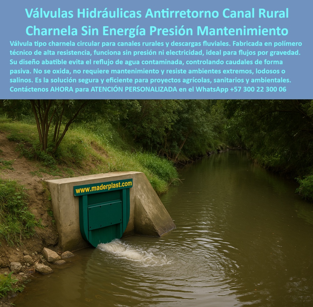 Charnelas Como Instalar Válvula Charnela Paso A Paso Montar Charnelas Maderplast 0 tapa hidráulica descarga río charnela doble sin presión para control de agua rural charnela circular para canal válvula de control Ptar 01 En la imagen observamos una charnela circular hidráulica pasiva instalada en un canal rural rodeado de vegetación, una escena que resume a la perfección la filosofía de innovación y sostenibilidad de Maderplast. Esta tapa-hidráulica-descarga-río, también conocida como válvula circular para descarga fluvial, representa una solución concreta, visible y comprobable para todos los que preguntan: ¿Cómo evitar reflujo de agua en descarga rural? La respuesta del técnico de Maderplast es clara: con tapa abatible antirretorno circular que se cierra por gravedad, sin energía, sin presión hidráulica y sin mantenimiento., - Quienes buscan saber cómo instalar válvula charnela paso a paso o montar charnelas Maderplast deben entender que el diseño de esta charnela-circular-para-canal ha sido pensado para adaptarse al flujo natural del agua, evitando el uso de motores o bombas. La válvula de control PTAR que vemos funciona por gravedad, gracias a un sistema de activación pasiva que permite el paso del agua en un solo sentido y se bloquea automáticamente ante el reflujo., - Este sistema de control hidráulico pasivo sin mantenimiento es ideal para zonas agrícolas, sanitarias o rurales donde el acceso a electricidad es limitado o costoso. ¿Cómo controlar caudal sin bomba ni presión? Responde el técnico de Maderplast: con charnela abatible circular por gravedad, con sello eficiente, automático y sin componentes eléctricos. Esta es una compuerta plástica sin energía para drenaje fluvial, una válvula antirretorno sin energía para zonas agrícolas que demuestra que la ingeniería también puede ser ecológica, segura y práctica., - Fabricada en polímero técnico de alto desempeño, esta válvula plástica resistente a lodos y agua contaminada no se oxida, no colapsa bajo ambientes hostiles y soporta incluso el contacto constante con sedimentos, hojas, lodo o salinidad. Es una charnela plástica ecológica para control de vertimientos, una verdadera válvula circular plástica resistente a ambientes extremos, probada en campo y recomendada por ingenieros de aguas residuales y técnicos ambientales., - Cuando te preguntas ¿qué sistema sirve para descargas fluviales ecológicas?, la respuesta es esta tapa abatible antirretorno zona agrícola, una compuerta antirretorno ecológica rural de activación automática, sin motores, sin fallos. Una válvula hidráulica circular sin presión canal rural que, además de proteger el caudal, respeta el entorno, reduce el mantenimiento y optimiza el rendimiento del canal., - Ya no hay duda: si necesitas una válvula de descarga para canales con flujo por gravedad, esta compuerta circular plástica con activación por flujo es la solución. ¿Qué compuerta sirve para canales rurales sin energía? Responde el técnico de Maderplast: charnela circular plástica activada por gravedad, sin presión hidráulica. Un dispositivo fiable, sin partes metálicas expuestas, sin necesidad de energía externa. Un verdadero sistema hidráulico ecológico sin mantenimiento., - La tecnología de Maderplast se refleja en esta compuerta de descarga automática rural, una válvula plástica para proyectos ambientales rurales que combina ingeniería aplicada con visión sostenible. Es una solución sin energía para canales de riego, una válvula segura de canalización rural sin presión. Se convierte así en la mejor respuesta a quienes buscan una charnela sin presión para canal agrícola, o una válvula hidráulica sin presión para aguas lluvias, sin comprometer la eficiencia hidráulica., - ¿Existe una válvula que funcione sin electricidad? Responde el técnico de Maderplast: válvula pasiva sin presión, 100% automática con agua fluyendo. Así, esta charnela circular automática para ríos y canales rurales, más que una válvula, es un paso hacia un futuro con infraestructura inteligente, económica y resistente., - 📌 No deje su sistema hidráulico en manos de la improvisación. Contáctenos por WhatsApp al +57 300 22 300 06 y reciba asesoría técnica inmediata, personalizada y confiable por parte de Maderplast. ¡Aquí no vendemos válvulas, entregamos soluciones!, - 📱 ¿Desea saber si esta solución aplica para su zona rural, canal o drenaje? Escríbanos ahora mismo al WhatsApp +57 300 22 300 06. Un ingeniero de Maderplast le acompaña desde la idea hasta la instalación. ¡Usted pregunta, nosotros respondemos con tecnología probada!, - 🌱 Su sistema hidráulico ecológico, sin presión, sin energía y sin mantenimiento empieza hoy. Mande un mensaje al WhatsApp +57 300 22 300 06 y vea cómo Maderplast convierte su proyecto en una obra que funciona, que dura y que no falla. Charnelas Como Instalar Válvula Charnela Paso A Paso Montar Charnelas Maderplast 0 tapa-hidráulica-descarga-río, - charnela doble sin presión para control de agua rural, - charnela-circular-para-canal, válvula de control Ptar