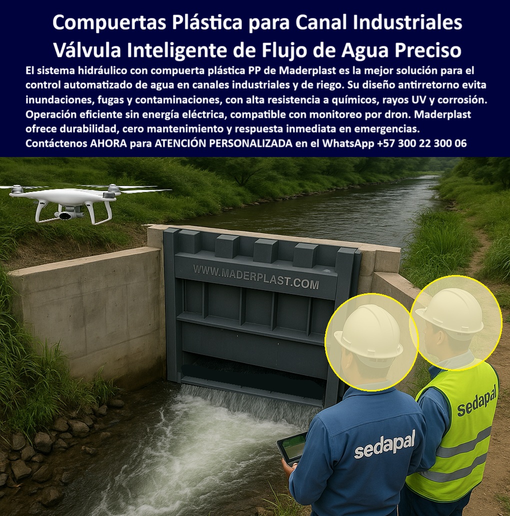 Válvulas Y Control Hidráulico Canales De Riego Compuertas Charnelas Maderplast 0 Dron supervisa válvula hidráulica en canal industrial control de agua por válvula Sistema de riego controlado con compuerta plástica Ptap 0 La imagen presenta un sistema avanzado de válvulas y control hidráulico canales de riego operado a distancia mediante dron supervisa válvula hidráulica en canal industrial, lo que representa una verdadera revolución tecnológica en la gestión eficiente del agua. Esta compuerta-plástica-para-canal-de-riego tipo compuerta tipo charnela plástica no requiere energía eléctrica ni mantenimiento, y ha sido diseñada específicamente para entornos industriales, agrícolas y sistemas PTAP que exigen durabilidad, precisión y capacidad de respuesta inmediata. La válvula-hidráulica-antirretorno-automática evita el reflujo, la contaminación y las inundaciones, adaptándose a fluctuaciones de caudal y presión sin comprometer la seguridad hidráulica., - Gracias a su diseño ecológico y fabricación en polímero técnico de última generación, esta compuerta-de-retención-sin-corrosión es resistente a rayos UV, químicos, sedimentos agresivos y ambientes extremos. Está integrada dentro de un sistema-de-riego-inteligente-con-dron que permite un monitoreo aéreo continuo para zonas de difícil acceso, transformando la manera como se controla el recurso hídrico en tiempo real., - En la escena, ingenieros de campo supervisan la válvula inteligente para riego agrícola sin energía eléctrica, validando su funcionamiento autónomo y su integración al sistema de retención de agua para PTAP. Este tipo de válvula unidireccional plástica reforzada permite control-de-flujo-para-agua-industrial con cierre automático, sin riesgo de obstrucción, sin oxidación, sin mantenimiento., - Para quienes se preguntan ¿qué compuerta se usa para riego automatizado? o ¿cuál es la mejor compuerta para canal industrial?, la respuesta técnica es clara: esta compuerta inteligente de cierre automático, libre de componentes metálicos, sustituye sistemas tradicionales costosos y problemáticos, entregando una solución definitiva en obras hidráulicas que no pueden fallar., - Esta compuerta plástica para canal de agua con válvula integrada permite un sistema de control de flujo automatizado, libre de presión, ideal para zonas rurales, agrícolas e industriales, compatible con redes de monitoreo vía dron, y con una vida útil comprobada superior a 20 años sin intervención técnica. Es la solución preferida en sistema-de-compuerta-plástica-contra-inundaciones-industriales, diseñada para responder sin demora ante lluvias intensas, descargas abruptas o contaminantes inesperados., - Cuando se requiere exactitud, continuidad operativa, resistencia química, y un sistema confiable, esta es la elección lógica, profesional y definitiva. No es una alternativa: es la solución probada que ya ha sido instalada con éxito en cientos de obras. No se recomienda: se especifica. No se sugiere: se exige. No se confía: se instala., - Instale el sistema hidráulico que responde, que protege, que funciona desde el primer día y durante décadas. Una tecnología para hoy y para el futuro., - Reciba asesoría especializada con un especialista de Maderplast, atención personalizada en este WhatsApp 57+ 300 22 300 06. Válvulas Y Control Hidráulico Canales De Riego Compuertas Charnelas Maderplast 0 Dron supervisa válvula hidráulica en canal industrial, - control de agua por válvula, - Sistema de riego controlado con compuerta plástica Ptap 0