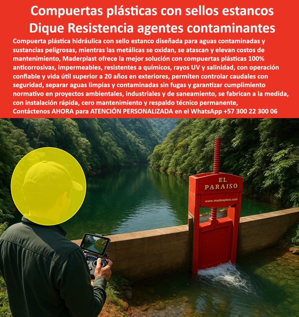 Compuerta Anti Corrosión Aguas Contaminadas Sustancias Peligrosas Maderplast 0 compuerta plástica con sello estanco para aguas contaminadas compuerta plástica resistente a agentes contaminantes compuerta hidráulica PP 0  Compuertas Plásticas con Sellos Estancos: Dique de Resistencia para Agentes Contaminantes, La imagen que usted busca es la solución para el manejo de aguas en los ambientes más agresivos. Las compuertas plásticas con sellos estancos de Maderplast actúan como un dique de resistencia para agentes contaminantes . Están diseñadas para aguas contaminadas y sustancias peligrosas en zonas industriales y plantas de tratamiento . Mientras las compuertas metálicas se oxidan, se atascan y elevan los costos de mantenimiento, Maderplast ofrece la mejor solución con compuertas plásticas 100% anticorrosivas, impermeables, resistentes a químicos, rayos UV y salinidad, con una operación confiable y una vida útil superior a 20 años en exteriores, Nuestras compuertas permiten controlar caudales con normatividad, separar aguas limpias y contaminadas sin fugas y garantizar el cumplimiento normativo en proyectos ambientales, industriales y de saneamiento . Se fabrican a la medida, con instalación rápida, cero mantenimiento y respaldo técnico permanente, En Maderplast, entendemos que la confianza es la base de todo proyecto hidráulico. Por eso, hemos diseñado una solución que elimina los problemas comunes y brinda tranquilidad total, ¿Cuál es la mejor compuerta plástica con sello estanco? La respuesta es clara y directa: Maderplast fabrica compuertas plásticas 100% anticorrosivas, estancas y seguras, con fotos y planos reales. Es una compuerta plástica con sello estanco para PTAR y una compuerta hidráulica anticorrosiva con sellos estancos que garantiza la seguridad de su obra, Necesito compuerta hidráulica estanca para aguas contaminadas. Maderplast ofrece compuertas plásticas con sello hermético de alta durabilidad . Es una compuerta plástica para control de caudales contaminados y una compuerta plástica con sello hermético de ingeniería avanzada que brinda un control total del flujo, ¿Qué compuerta plástica resiste agentes contaminantes? Las compuertas Maderplast, diseñadas para ambientes agresivos, con mínima necesidad de mantenimiento, son la solución. Es una compuerta hidráulica plástica resistente a agentes químicos y químicos agresivos, lo que las convierte en la opción ideal para el saneamiento ambiental, Compuerta plástica anticorrosiva de uso continuo, ¿dónde comprar? En Maderplast, especialistas en compuertas estancas para proyectos industriales y ambientales. Es una compuerta plástica anticorrosiva de uso continuo en exteriores y una compuerta hidráulica plástica para cumplimiento normativo, ¿Cómo separar aguas limpias y contaminadas con seguridad? Con compuertas plásticas estancas Maderplast, fabricados con polímeros anticorrosivos. Es una compuerta hidráulica plástica con separación de aguas limpias y sucias que asegura la protección del medio ambiente y de su infraestructura, El testimonio de la Ing. Juliana Restrepo, coordinadora ambiental en una planta de saneamiento, es una prueba contundente de nuestro valor: "Soy la Ing. Juliana Restrepo, coordinadora ambiental en una planta de saneamiento. Antes, las compuertas metálicas se oxidan y generan fugas peligrosas. Con las compuertas plásticas estancas de Maderplast, logramos separación segura de aguas limpias y contaminadas, cero fugas y cumplimiento normativo. La tranquilidad operativa y la seguridad aumentaron de inmediato. Recomiendo Maderplast.", Seguridad total en la compuerta plástica anticorrosiva fabricada a la medida de Maderplast para proteger su inversión y asegurar un futuro sin contratiempos, Contáctenos AHORA al WhatsApp +57 300 22 300 06 para atención personalizada y el desarrollo de su proyecto hidráulico. Compuerta Anti Corrosión Aguas Contaminadas Sustancias Peligrosas Maderplast 0 compuerta plástica con sello estanco para aguas contaminadas, - compuerta plástica resistente a agentes contaminantes, - compuerta hidráulica PP 