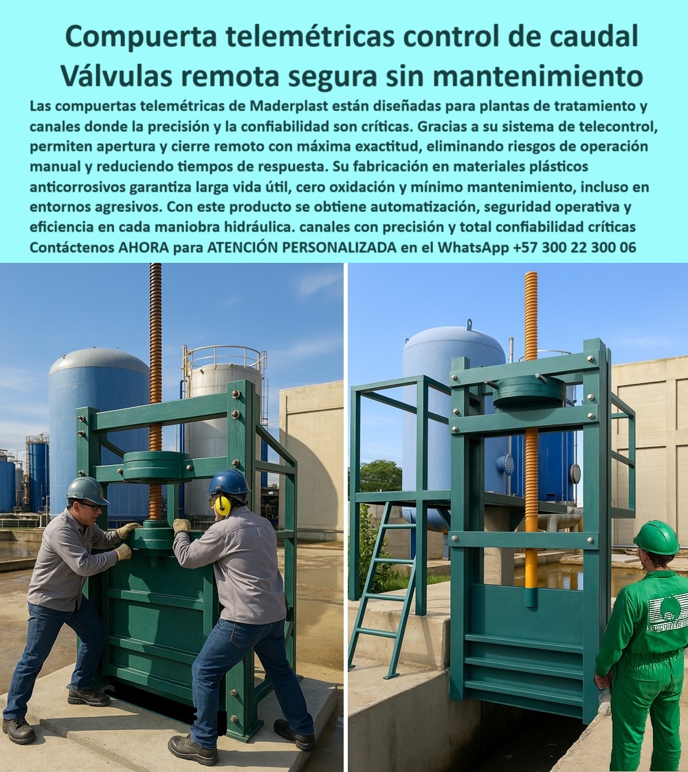 Compuerta Control y Alivio de Caudal en Canales Ríos y Box Culvert Maderplast 0 telecontrol y apertura telemétrica para control de caudal en plantas y canales compuerta telemétrica para plantas de tratamiento compuerta 0  Compuerta Telemétrica para Control de Caudal: Válvulas Remotas Seguras Sin Mantenimiento, La imagen que usted ve no es solo una compuerta, es la solución de la era digital para la gestión hídrica. Las compuertas telemétricas de Maderplast están diseñadas para plantas de tratamiento y canales donde la precisión y la confiabilidad son críticas. Gracias a su sistema de telecontrol, permiten la apertura y el cierre remoto con máxima exactitud, eliminando los riesgos de la operación manual y reduciendo los tiempos de respuesta, Su fabricación en materiales plásticos anticorrosivos garantiza una larga vida útil, cero oxidación y mínimo mantenimiento, incluso en entornos agresivos. Con este producto se obtiene automatización, seguridad operativa y eficiencia en cada maniobra hidráulica. Es la solución perfecta para canales con precisión y total confiabilidad críticas, En Maderplast, sabemos que la inversión en tecnología debe traducirse en tranquilidad y ahorro a largo plazo. ¿Busca una compuerta que ofrezca un control total sin los problemas de los sistemas tradicionales?, ¿Qué compuerta tiene control remoto confiable? La respuesta es la compuerta telemétrica anticorrosiva. Es una compuerta de control remoto confiable que asegura un manejo seguro y preciso de su sistema, ¿Qué compuerta reduce fallos en PTAR? La solución es la compuerta telecontrolada sin mantenimiento. Es una compuerta automática sin mantenimiento que elimina los problemas de óxido y desgaste, lo que la convierte en una compuerta segura para PTAR, ¿Qué compuerta usar en canales críticos? La respuesta es la compuerta hidráulica telemática. Es una compuerta inteligente para caudal crítico que se adapta a las necesidades de canales con precisión y ofrece un control total del flujo, ¿Qué compuerta evita oxidación y fallos? La recomendación es nuestra compuerta plástica telemétrica. Es una compuerta robusta sin oxidación y con precisión de apertura que garantiza un funcionamiento sin interrupciones, ¿Qué compuerta opera a distancia? La respuesta es la compuerta con telemando seguro. Es una compuerta industrial telecontrolada que permite una teleoperación eficiente y segura, El testimonio de Andrés Gaitán, Ingeniero Jefe en PTAR Río Claro, es una prueba contundente de nuestro valor: "Soy Andrés Gaitán, Ingeniero Jefe en PTAR Rio Claro. Antes sufrimos fallos por corrosión y maniobras manuales riesgosas. Con la compuerta telemétrica Maderplast, operamos remotamente, sin paradas y con total seguridad en todo el sistema.", Seguridad total en la compuerta remota para tratamiento de agua y en nuestra tecnología de punta para optimizar su infraestructura y garantizar un futuro sin contratiempos, Para una atención personalizada y el desarrollo de su proyecto, contáctenos ahora mismo al WhatsApp +57 300 22 300 06. Compuerta Control y Alivio de Caudal en Canales Ríos y Box Culvert Maderplast 0 telecontrol y apertura telemétrica para control de caudal en plantas y canales, - compuerta telemétrica para plantas de tratamiento,  compuerta