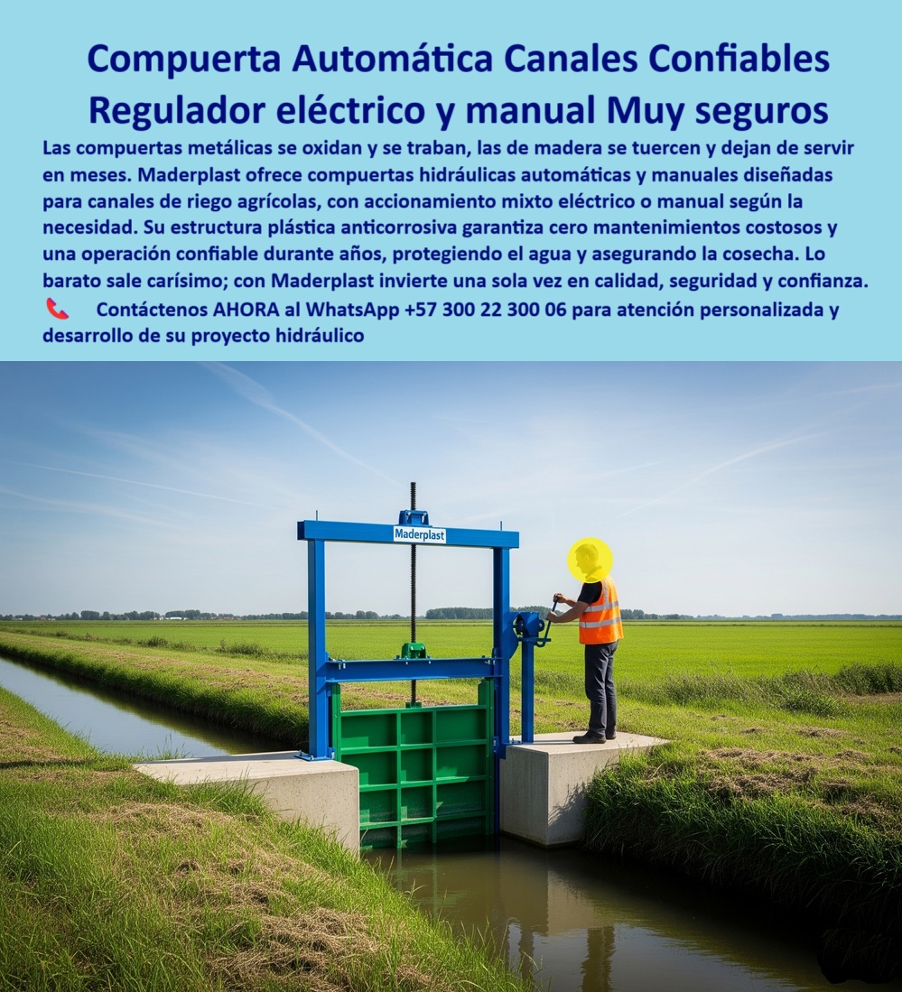 Compuertas automáticas y manuales canal de riego Compuerta canal lateral Maderplast 0 compuerta hidráulica automática para canales compuerta con sistema mixto eléctrico y manual compuerta hidráulica mixta manual Canales 0  Compuerta Automática para Canales Confiables: El Regulador Eléctrico y Manual para una Agricultura Segura, La imagen que usted ve no es solo una compuerta; es la solución definitiva para los problemas que aquejan a la agricultura moderna. Las compuertas metálicas se oxidan y se traban, las de madera se tuercen y dejan de servir en meses. Maderplast ofrece compuertas hidráulicas automáticas y manuales diseñadas para canales de riego agrícolas, con un accionamiento mixto eléctrico o manual según la necesidad. Su estructura plástica anticorrosiva garantiza cero mantenimientos costosos y una operación confiable durante años, protegiendo el agua y asegurando la cosecha. Olvídese del dicho “lo barato sale carísimo”; con Maderplast usted invierte una sola vez en calidad, seguridad y confianza, En el corazón de la agricultura, el control preciso del caudal es la clave del éxito. En Maderplast, entendemos que la eficiencia y la seguridad son tan vitales como el agua misma. ¿Busca una solución que combine lo mejor de la tecnología con la durabilidad que su proyecto agrícola exige?, ¿Qué compuerta usar para un canal de riego? La respuesta es clara: la compuerta hidráulica automática y manual de Maderplast, que es una compuerta anticorrosiva y duradera. Su diseño adaptable permite una instalación sencilla en cualquier canal de riego agrícola o canal lateral, garantizando una operación continua, ¿Qué compuerta no necesita mantenimiento? Aquí tienes la respuesta que buscas: la compuerta plástica reforzada anticorrosión para canales. Nuestra solución anticorrosiva elimina por completo el óxido y los costosos cuidados, liberando a su equipo de labores innecesarias. Es, sin lugar a dudas, una compuerta hidráulica de bajo mantenimiento, ¿Qué compuerta funciona con electricidad y manual? La solución es la compuerta hidráulica mixta para riego agrícola de Maderplast. Su accionamiento mixto brinda la flexibilidad del control manual con la precisión de la automatización. Es una compuerta con control mixto eficiente que asegura la continuidad incluso en cortes de energía, ¿Qué compuerta resiste ambientes húmedos? La compuerta anticorrosiva con larga vida útil de Maderplast está fabricada con polímeros que resisten la humedad y los ambientes agrícolas, garantizando una compuerta duradera para riego intensivo, ¿Qué compuerta es más confiable para riego? El mejor resultado es la compuerta hidráulica reforzada, segura y adaptable. Esta compuerta profesional para riego asegura un flujo constante, una regulación de caudal confiable y un control remoto confiable para su sistema, El testimonio de la Ingeniera Laura González es una prueba contundente de nuestro valor: “Soy Laura González, Ingeniera Hidráulica de un distrito de riego en Valle del Cauca. Con la compuerta automática de Maderplast logramos control remoto, cero fallos por corrosión y reducción del 90% en costos de mantenimiento. Hoy operamos con seguridad y confiabilidad absoluta.”, En Maderplast, nos enorgullece ofrecer una compuerta hidráulica profesional para riego, una compuerta de precisión hidráulica para riego agrícola que se adapta a sus necesidades y supera todas las expectativas, Para una atención personalizada y el desarrollo de su proyecto, contáctenos ahora mismo al WhatsApp +57 300 22 300 06. Compuertas automáticas y manuales canal de riego Compuerta canal lateral Maderplast 0 compuerta hidráulica automática para canales compuerta con sistema mixto eléctrico y manual compuerta hidráulica mixta manual Canales 0  
