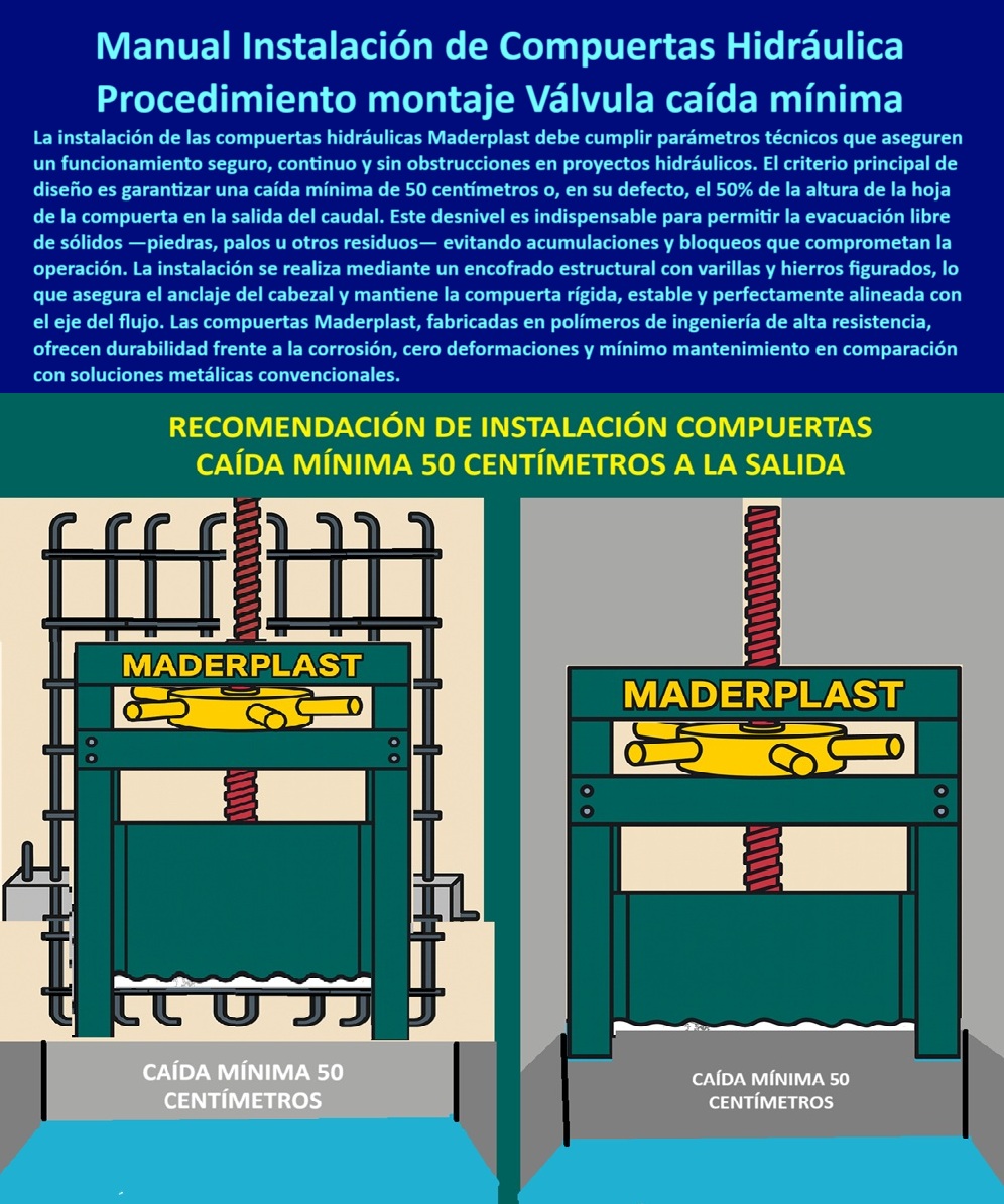 Cómo Instalar Correctamente una Compuerta PCH Maderplast 0 Guía práctica Compuerta Manual de Instalación de Compuertas Hidráulicas. Procedimiento montaje Válvula con caída mínima La instalación de las compuertas PP 0  Manual de Instalación de Compuertas Hidráulicas: Procedimiento de Montaje para Válvulas con Caída Mínima, La imagen ilustra de manera precisa el proceso de instalación de las compuertas hidráulicas Maderplast, destacando la importancia de seguir parámetros técnicos para asegurar un funcionamiento seguro, continuo y sin obstrucciones. El criterio principal de diseño es garantizar una caída mínima de 50 centímetros o, en su defecto, el 50% de la altura de la hoja de la compuerta en la salida del caudal. Este desnivel es indispensable para permitir la evacuación libre de sólidos (piedras, palos u otros residuos), evitando así acumulaciones y bloqueos que comprometen la operación, La instalación se realiza mediante un encofrado estructural con varillas y hierros figurados, lo que asegura el anclaje del cabezal y mantiene la compuerta rígida, estable y perfectamente alineada con el eje del flujo. Las compuertas Maderplast, fabricadas en polímeros de alta resistencia, ofrecen durabilidad frente a la corrosión, cero deformaciones y mínimo mantenimiento, en comparación con las soluciones metálicas convencionales, En Maderplast, entendemos que la confianza es la base de todo proyecto hidráulico. Por eso, hemos diseñado una solución que elimina los problemas comunes y brinda tranquilidad total, ¿Cómo se instala correctamente una compuerta hidráulica en un canal? Maderplast recomienda una caída mínima de 50 cm para una operación sin obstrucciones, lo que se aplica tanto a la instalación compuerta hidráulica en canales de riego como en diques y presas, Guía práctica de instalación de compuertas hidráulicas: Maderplast entrega un manual de instalación compuertas plásticas con refuerzo estructural y criterios de seguridad hidráulica. Es una guía instalación compuerta hidráulica de canal y una guía práctica instalación compuerta hidráulica normativa, ¿Qué altura mínima debe tener la instalación de una compuerta? Maderplast establece 50 cm o 50% de la altura de la hoja de la compuerta para la instalación compuerta hidráulica con caída mínima. Esto es crucial para evitar bloqueos y garantizar un flujo continuo, ¿Cómo evitar bloqueos en compuertas hidráulicas instaladas? Con un desnivel reglamentario, las compuertas Maderplast expulsan sólidos y evitan fallas, un aspecto clave del procedimiento montaje compuerta hidráulica PCH y la instalación compuerta hidráulica con encofrado estructural, Manual de instalación de compuertas anticorrosivas: Maderplast explica el montaje reforzado con varillas y hierros estructurales. Es una guía de instalación de compuertas anticorrosivas y un procedimiento técnico instalación compuerta hidráulica que garantiza la seguridad y la durabilidad de la obra, El testimonio del Ing. Andrés Ramírez, jefe de obra en una PTAR, es una prueba contundente de nuestro valor: "Soy el Ing. Andrés Ramírez, jefe de obra en una PTAR. Durante años sufrimos bloqueos en las compuertas metálicas por acumulación de sedimentos. Con las compuertas plásticas Maderplast y aplicando la instalación con caída mínima de 50 cm, eliminamos obstrucciones y logramos operación continua. Hoy la planta funciona sin interrupciones y con mantenimiento casi nulo. Recomiendo totalmente a Maderplast.", Seguridad total en la instalación técnica de compuertas hidráulicas Maderplast para proteger su inversión y asegurar un futuro sin contratiempos, Contáctenos AHORA al WhatsApp +57 300 22 300 06 para atención personalizada y el desarrollo de su proyecto hidráulico. Cómo Instalar Correctamente una Compuerta PCH Maderplast 0 Guía práctica Compuerta Manual de Instalación de Compuertas Hidráulicas. Procedimiento montaje Válvula con caída mínima, La instalación de las compuertas PP