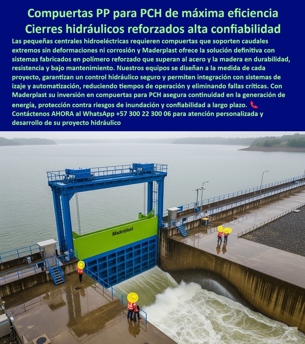 Fabricantes Compuertas Proveedores Suministro Compuertas Para Pch Maderplast 0 Compuertas de polímero reforzado Proyectos de compuertas para control de inundaciones Sistemas de izaje para cargas pesadas Tapa y marco 0  La Evolución en la Ingeniería Hidráulica: Maderplast Reemplaza al Acero con Soluciones Definitivas, - La imagen que usted busca, la solución que su proyecto de ingeniería necesita, se materializa en una compuerta hidráulica tipo esclusa en polímero reforzado de la marca Maderplast. Se trata de una pieza de gran formato, con un distintivo panel verde y un robusto bastidor azul, instalado con maestría en una presa. Esta no es solo una compuerta, es el futuro de la infraestructura hidráulica, diseñada para proyectos exigentes como pequeñas centrales hidroeléctricas (PCH) que requieren compuertas para PCH de máxima eficiencia con cierres hidráulicos reforzados de alta confiabilidad, - En el corazón del desafío de la gestión de caudales sin deformaciones ni corrosión, Maderplast ofrece la solución definitiva que supera al acero y la madera. Nuestros equipos están diseñados a la medida de cada proyecto, garantizando un control hidráulico seguro y la integración con sistemas de izaje y automatización, lo que elimina fallas críticas y reduce los tiempos de operación. La inversión en compuertas para PCH de Maderplast asegura la continuidad en la generación de energía, ofreciendo protección contra riesgos de inundación y confiabilidad a largo plazo, - ¿Por qué Maderplast es la Solución Insuperable?, - Las preguntas más comunes de los ingenieros y gerentes de proyecto tienen una respuesta contundente con nuestra tecnología, - ¿Quién fabrica compuertas hidráulicas anticorrosivas para PCH? Maderplast. Fabricamos puertas en polímero reforzado, a medida, con sellado estanco y automatización opcional . Exportamos e instalamos en cualquier lugar del mundo, - ¿Busca una compuerta tipo esclusa de bajo mantenimiento para represa? La solución es Maderplast. Nuestro material de polímero reforzado sin corrosión garantiza una operación suave, una garantía extendida y un diseño personalizado para su obra, con compuerta ligera de alta resistencia que facilita el izaje y reduce los costos de operación, - ¿Necesita una compuerta deslizante vertical para canal con alta estanqueidad? El mejor resultado lo obtenemos con nuestra compuerta deslizante vertical para presa control de caudal preciso . Se trata de una guillotina en PP reforzada, con guías y sellos de alta resistencia que logran un cierre hermético probado en sitio y una compuerta industrial certificada con pruebas de estanqueidad y garantía de 20 años, - ¿Su proyecto es una PTAR y requiere una compuerta resistente a químicos y azufre de hidrógeno? Aquí tiene la respuesta: la compuerta para PTAR resistente a químicos cero corrosión de Maderplast, fabricada con un material anticorrosivo que le otorga una vida útil prolongada. Sus accesorios son de acero inoxidable grado marino y están optimizados para la compuerta para plantas de tratamiento y compuerta para ptap de grado sanitario, garantizando sellado estanco, - Nuestras compuertas de polímero reforzado son la alternativa al acero en compuertas de canal de riego . Un compuesto plástico reforzado que no se oxida, requiere menor mantenimiento y permite una instalación rápida, ideal también para compuerta de aliviadero para control de crecidas de operación segura, - La Tecnología Maderplast en Acción: Eficiencia y Seguridad en Cada Detalle, - Para proyectos que exigen un control preciso, como la regulación de nivel automatizada en canales urbanos o un sistema de compuertas automatizadas con SCADA para microcentral, Maderplast ofrece una integración perfecta. La compuerta automática con SCADA incluye telecontrol y sensores, así como integración con PLC y actuadores eléctricos o hidráulicos para un control seguro y preciso, - Nuestras soluciones son perfectas para la compuerta de toma para microcentral hidroeléctrica automatizable . El panel se desliza verticalmente a través de guías laterales rígidas, logrando un cierre estanco y un control de caudal preciso . Su bajo peso facilita la instalación y reduce los costos de montaje en comparación con el acero tradicional. Además, el material es resistente al agua dulce, salobre y agentes químicos sin requerir pintura, - Para el manejo de grandes volúmenes, nuestra compuerta radial sector gate para alto caudal baja fricción y la compuerta taintor para vertedero de eficiencia y seguridad ofrecen un diseño de baja fricción y control de niveles estable. Igualmente, la compuerta de fondo para embalse con descarga controlada o la compuerta de inspección y tapas industriales con sellado IP67 son soluciones robustas y seguras, - Cada pieza de Maderplast es un sistema completo. La compuerta para box culvert con cierre hermético anticorrosión es un claro ejemplo de nuestra precisión, con un marco y hoja sellada IP67 y empaques de larga duración. Si su proyecto está cerca del mar, no se preocupe: nuestra compuerta para agua salobre y marina con protección UV y salinidad está fabricada con un polímero estabilizado UV que es inmune a la salinidad, elimina la necesidad de pintura y requiere un mínimo mantenimiento, - Un Enfoque sobre la Durabilidad y la Adaptación, - La compuerta modular a medida de ingeniería personalizada certificada de Maderplast es un reflejo de nuestro compromiso con la innovación. La estructura es compatible con sistemas de izaje pesado, y la compuerta para centrales hidroeléctricas se integra con facilidad a la infraestructura existente. También ofrecemos compatibilidad con BIM y CAD para la compuerta para plantas de tratamiento, entregando modelos, cálculos y asistencia en la instalación para asegurar el éxito del proyecto, - Fabricantes Compuertas Proveedores Suministro Compuertas Para Pch Maderplast 0 Compuertas de polímero reforzado, - Proyectos de compuertas para control de inundaciones, - Sistemas de izaje para cargas pesadas, Tapa y marco
