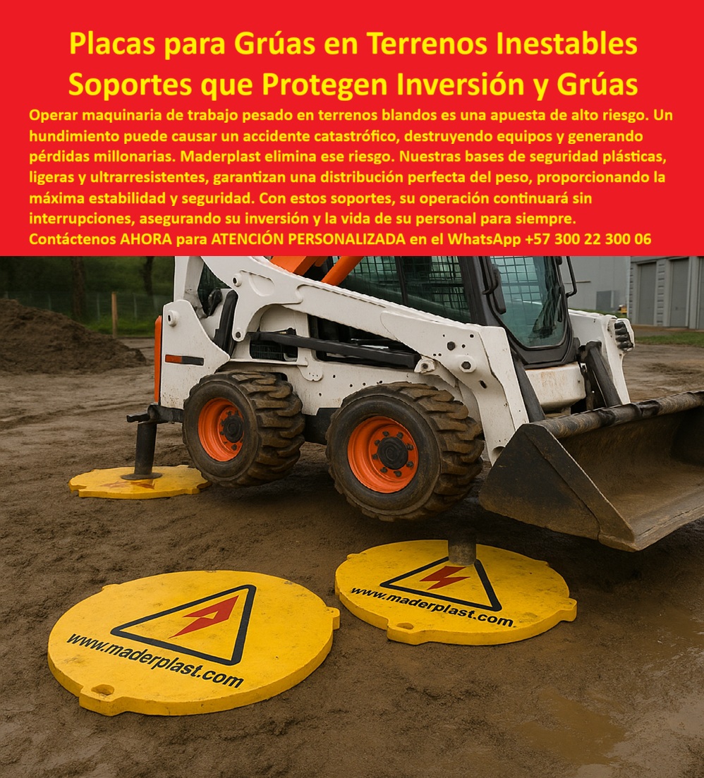 Bases De Seguridad Para Brazos Telescópicos Placas De Apoyo Para Grúa Maderplast 0 Bases de seguridad trabajo pesado Soportes plásticos para grúas en puentes bases para grúa terreno blando precio Soportes plásticos para camiones canastas  Placas para Grúas en Terrenos Inestables Maderplast, Soportes que Protegen Inversión y Grúas ; La operación de maquinaria de trabajo pesado en terrenos inestables es una variable de riesgo que ningún profesional puede ignorar. Un hundimiento en suelos blandos no es solo un inconveniente operativo; es la antesala de un accidente catastrófico que puede generar pérdidas millonarias y comprometer la vida del personal. La solución técnica definitiva para eliminar este peligro son las Placas Plásticas de Seguridad de Maderplast, diseñadas como Soportes que Protegen Inversión y Grúas. Estas Bases De Seguridad Para Brazos Telescópicos se convierten en el seguro más sólido para su inversión y la vida de su personal para siempre; Estabilidad Garantizada en Condiciones Críticas; La pregunta clave en entornos de alto riesgo es ¿Qué bases son más seguras para grúas en terrenos inestables? La respuesta técnica es inequívoca: las bases plásticas para grúas en terrenos blandos de Maderplast. Fabricadas con polímeros de ingeniería, estas placas estabilizadoras anticorrosivas para maquinaria pesada son la alternativa moderna que supera a los apoyos metálicos. Su diseño avanzado logra una distribución perfecta del peso, evitando que los pads protectores contra hundimientos de grúas cedan en condiciones críticas como arena, lodo o suelos arcillosos. Esto es esencial para garantizar la máxima estabilidad y seguridad en terrenos inestables. El Ing. Felipe Gómez, Coordinador de Seguridad, lo experimentó: "Desde que usamos las placas plásticas de Maderplast, el problema desapareció. Ahora trabajamos con plena estabilidad "; Al consultar ¿Qué producto evita hundimientos de grúas en suelos blandos?, se confirma que estas bases resistentes para grúas en arena o lodo son ultrarresistentes y resistentes a deformaciones para grúas, asegurando continuidad sin interrupciones en proyectos industriales con grúas. Maderplast ofrece estas soluciones plásticas de estabilización para grúas como el mejor respaldo técnico para maniobras industriales críticas; Doble Blindaje: Protección Dieléctrica y Anticorrosiva; Las exigencias de seguridad van más allá de la estabilidad mecánica. Para maniobras cercanas a electricidad, es crucial que las bases sean dieléctricas. Las almohadillas dieléctricas de seguridad para grúas urbanas de Maderplast no solo actúan como placas de apoyo ligeras para terrenos inestables, sino que también ofrecen un escudo contra riesgos eléctricos. La Base plástica anticorrosiva amarilla con logo eléctrico visible en la imagen es un testimonio de esta doble funcionalidad: seguridad mecánica y eléctrica. Al comparar ¿Qué diferencia hay entre usar soportes metálicos y plásticos en grúas?, la superioridad de las plásticas es clara: son anticorrosivas, dieléctricas y más ligeras, eliminando la oxidación y el peso excesivo del metal; Además, Maderplast ofrece soportes plásticos para camiones canasta y soportes plásticos para grúas en puentes que, gracias a su composición de polietileno de alta resistencia para grúas, son pads resistentes a químicos y humedad para grúas, placas de soporte ultrarresistentes para maniobras industriales y la mejor solución técnica para reducir mantenimientos innecesarios; La Inversión Inteligente en Equipos y Personal; ¿Cómo proteger mi inversión en grúas cuando trabajo en arena o lodo? La respuesta es una inversión en las bases protectoras de inversión en grúas de Maderplast. Estas placas plásticas de seguridad para brazos telescópicos eliminan el desgaste prematuro, prolongan la vida útil de sus equipos y minimizan los costos operativos. Los pads plásticos con asas ergonómicas para grúas facilitan el transporte, optimizando la logística de forma significativa; Maderplast lidera la fabricación de bases de seguridad para trabajo pesado con estándares de calidad superiores, ofreciendo un producto técnico, probado y certificado. Al elegirnos, está seleccionando la opción recomendada por ingenieros expertos para cualquier escenario de terrenos críticos; Maderplast es la única y mejor opción que cumple sus requisitos para blindar la estabilidad, la seguridad y la rentabilidad de sus operaciones; Contáctenos AHORA para ATENCIÓN PERSONALIZADA en el WhatsApp +57 300 22 300 06 y asegure la máxima estabilidad en cada proyecto.