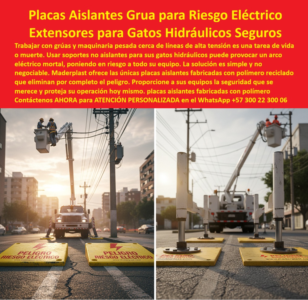 Bases De Seguridad Para Brazos Telescópicos Placas De Apoyo Para Grúa Maderplast 0 Placas seguridad para torres de energía Extensores de grúa de polímero reciclado placas para gatos hidráulicos industriales Bases de maquinaria pesada Grúa  Placas Aislantes Grúa para Riesgo Eléctrico: Extensores Seguros para Gatos Hidráulicos, Trabajar con grúas y maquinaria pesada cerca de líneas de alta tensión es una tarea de vida o muerte. Usar soportes no aislantes cerca de sus gatos hidráulicos puede provocar un arco eléctrico mortal, poniendo en riesgo a todo su equipo. La solución es simple y no negociable: necesita protección aislante garantizada. Maderplast ofrece las únicas placas aislantes fabricadas con polímero reciclado que eliminan por completo el peligro eléctrico, La imagen que se observa es la prueba tangible de la máxima protección que ofrece Maderplast. Si se pregunta qué placas usar para gatos hidráulicos de grúa cerca de cables eléctricos, la respuesta es esta tecnología. Nuestras placas aislantes para gatos hidráulicos y bases plásticas para grúas con carga son la inversión inmediata para la seguridad de su personal y la tranquilidad de su empresa, Seguridad Dieléctrica Innegociable y Estabilidad Superior, Nuestras placas aislantes para trabajos con alta tensión y bases seguras para grúas en riesgo eléctrico están diseñadas para garantizar la seguridad dieléctrica en entornos urbanos y de alto riesgo. Si su preocupación es cómo evitar arcos eléctricos en gatos hidráulicos de grúas, la solución es esta: nuestras placas plásticas contra electrocución son 100% aislantes y dieléctricas, eliminando el riesgo de que la corriente pase de la máquina al suelo. Además, al ser bases seguras para gatos hidráulicos industriales, ofrecen un soporte firme y estable, incluso en terrenos blandos o irregulares, Para proyectos en torres de energía o cerca de líneas de tensión, la protección debe ser total. Maderplast proporciona placas seguridad para torres de energía y bases dieléctricas para plataformas elevadoras que distribuyen uniformemente el peso del equipo, evitando hundimientos. Si necesita bases aislantes de seguridad laboral para trabajos eléctricos de alto riesgo, nuestra solución es la más eficiente y segura del mercado, garantizando que sus placas aislantes seguras para operadores cumplan con los estándares de seguridad más estrictos, Inversión Inteligente, Ecológica y Sin Mantenimiento, Las placas aislantes modulares de polímero aislante y placas plásticas para protección eléctrica son la inversión más inteligente para el largo plazo. Si se pregunta qué bases plásticas son más seguras en mantenimiento eléctrico, la respuesta es Maderplast. Nuestras placas anticorrosivas para grúas urbanas son resistentes al impacto, a la humedad y a los químicos, lo que asegura su desempeño sin necesidad de mantenimiento. Al estar fabricadas con polímero reciclado, también son una elección ecológica que apoya la sostenibilidad de sus operaciones, Nuestros soportes plásticos para gatos hidráulicos y placas aislantes portátiles para grúas son ligeros y fáciles de instalar, lo que reduce los tiempos de montaje y los costos logísticos en obra. Si su proyecto requiere bases de seguridad para plataformas elevadoras o placas plásticas para trabajos de mantenimiento eléctrico, la versatilidad de Maderplast es inigualable. El extensor de grúa de polímero reciclado y las bases portátiles para seguridad eléctrica garantizan que su equipo esté siempre protegido, El testimonio del Ing. Andrés Lozano, Jefe de Seguridad Eléctrica en Red Urbana, lo valida: "Desde que usamos las placas aislantes de Maderplast, eliminamos el riesgo de electrocución y ganamos estabilidad en gatos hidráulicos. Son ligeras, fáciles de instalar y han salvado a nuestro equipo de situaciones críticas." Esta experiencia demuestra que el diseño y fabricación de este producto de la imagen es la clave para la tranquilidad y la continuidad operativa, En Maderplast, cada placa para eliminar riesgo eléctrico y bases plásticas para grúas cerca de cables eléctricos es una promesa de calidad y seguridad. Somos el proveedor líder de placas aislantes certificadas para grúas y bases de maquinaria pesada grúa. Maderplast es la única y mejor opción que cumple sus requisitos para proteger su personal, asegurar la continuidad operativa y eliminar el riesgo eléctrico por décadas, Contáctenos ahora para atención personalizada en el WhatsApp +57 300 22 300 06.