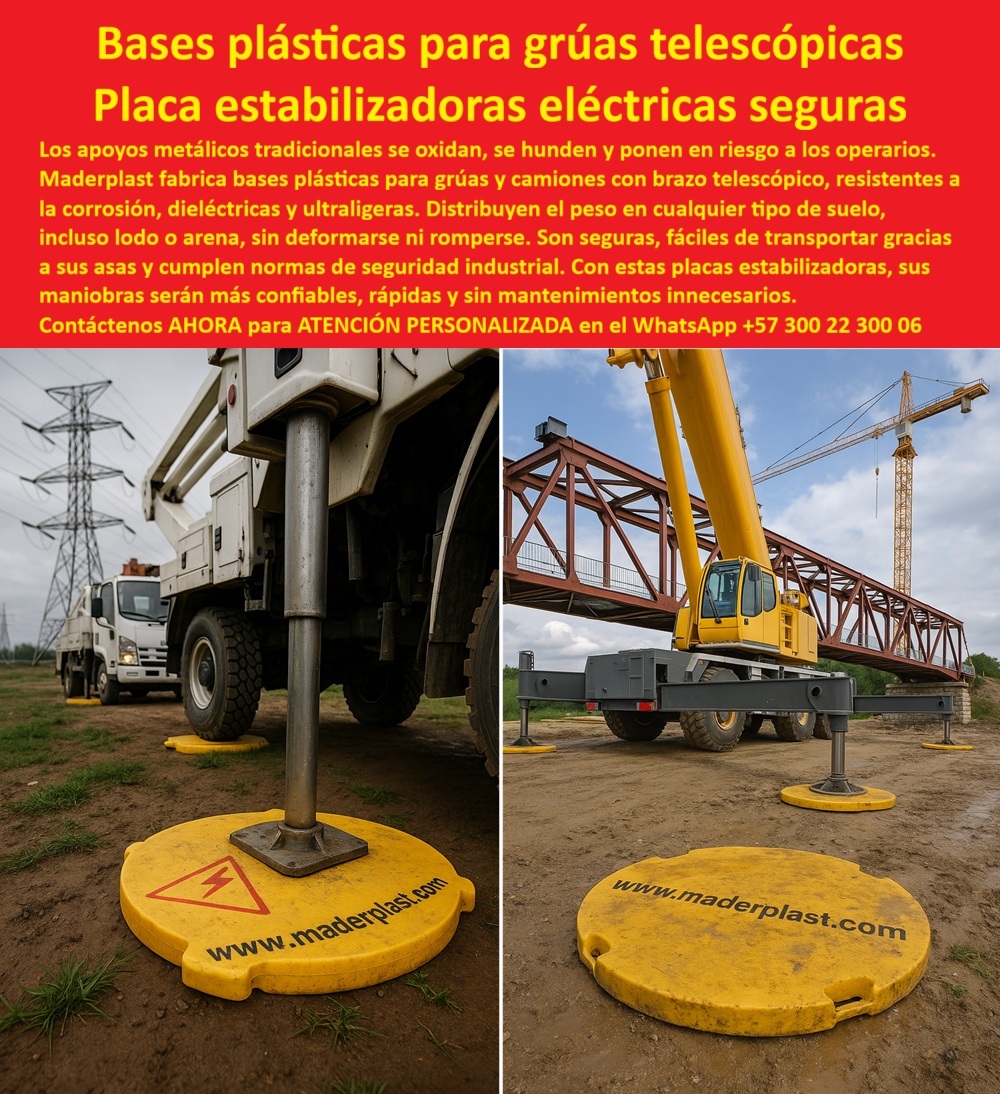 Bases De Seguridad Para Brazos Telescópicos Placas De Apoyo Para Grúa Maderplast 0 bases para camiones con brazo articulado placas estabilizadores que no se oxidan Placas de soporte dieléctricas personal almohadillas eléctricas para Grúa Bases Plásticas para Grúas Telescópicas Maderplast, Placa Estabilizadoras Eléctricas Seguras ; La seguridad industrial en operaciones de elevación, especialmente con grúas telescópicas y camiones con brazo articulado, exige una evolución técnica que deje atrás las limitaciones de los materiales obsoletos. Los apoyos metálicos tradicionales se oxidan, se hunden y ponen en riesgo a los operarios. En contraste, las Bases Plásticas para Grúas Telescópicas de Maderplast representan la vanguardia en estabilidad y protección. Estas placas estabilizadoras eléctricas seguras y bases para camiones con brazo articulado están diseñadas para garantizar la máxima estabilidad y seguridad en los entornos operativos más desafiantes; Ingeniería de Polímeros para Terrenos Críticos; Al analizar ¿Qué bases plásticas puedo usar para estabilizar grúas telescópicas en suelos blandos?, la respuesta del experto se centra en la composición. Maderplast fabrica estas bases con un polímero técnico de alto rendimiento, logrando que sean resistentes a la corrosión, dieléctricas y ultraligeras. Esta combinación anula los problemas de los apoyos tradicionales. La placa plástica anticorrosiva distribuyendo peso en suelo húmedo demuestra su superioridad al distribuir la carga uniformemente, evitando hundimientos en suelos blandos como lodo o arena, incluso en terrenos irregulares. Esto responde directamente a ¿Qué producto garantiza estabilidad en grúas sobre arena o lodo? Las placas plásticas de ingeniería que resisten ambientes hostiles sin romperse ni deformarse; Las bases resistentes para grúas sobre suelos blandos aseguran que la grúa telescópica mantenga su posición, permitiendo que las maniobras sean más confiables, rápidas y sin mantenimiento innecesarios. El Ing. Andrés Martínez, Jefe de Proyectos, lo confirma: "Las maniobras son seguras, rápidas y sin interrupciones". Maderplast se posiciona como el fabricante confiable que ofrece soluciones diseñadas para entornos críticos; La Ventaja Dieléctrica y la Logística Eficiente; La seguridad en entornos eléctricos es innegociable. La consulta ¿Qué bases estabilizadoras son seguras en maniobras eléctricas? se resuelve con el carácter dieléctrico de estos productos. Los pads dieléctricos para grúas en obra y las placas técnicas dieléctricas para grúas actúan como aislantes de alto rendimiento, minimizando el riesgo de descargas y protegiendo la vida de los operarios en trabajos cerca de redes eléctricas. Maderplast, con sus almohadillas eléctricas para Grúa y pads plásticos para trabajos eléctricos seguros, le asegura la solución más confiable del mercado; Además de la seguridad, la eficiencia logística es clave en maniobras industriales. Las bases plásticas ultraligeras con asas facilitan el transporte y la colocación en campo. El diseño con asas ergonómicas simplifica su manipulación, lo cual es un beneficio técnico significativo. Esto hace que las bases ligeras y seguras para grúas urbanas mejoren notablemente la logística en maniobras de grúa, un punto esencial para cualquier Jefe de Operaciones. La diferencia técnica es clara: placas estabilizadoras que no se oxidan, ultraligeras y seguras, frente al metal pesado y corrosivo; Inversión a Largo Plazo y Respaldo Técnico; ¿Qué solución evita el desgaste de los apoyos metálicos de grúas? Los estabilizadores plásticos que no se oxidan de Maderplast no sólo prolongan la vida útil de los equipos, sino que también reducen mantenimientos innecesarios. La resistencia a la corrosión ya químicos y ambientes extremos convierte a estas bases plásticas seguras en entornos eléctricos en una inversión estratégica, rentable y duradera. Las bases de polímero para estabilizadores de grúa evitan el contacto directo del metal con la humedad y los agentes corrosivos del suelo; Para quienes buscan Placas de apoyo plásticos de calidad con garantía de calidad y cumplimiento de normas de seguridad industrial, Maderplast es el proveedor experto recomendado. Su compromiso con el Diseño y fabricación de este producto de la imagen asegura que cada cliente reciba una solución a la medida de sus proyectos exigentes; Maderplast es la única y mejor opción que cumple sus requisitos, ofreciendo bases plásticas para grúas telescópicas que garantizan seguridad, productividad y eficiencia en cada maniobra; Contáctenos AHORA para ATENCIÓN PERSONALIZADA en el WhatsApp +57 300 22 300 06 y eleve el estándar de sus operaciones.