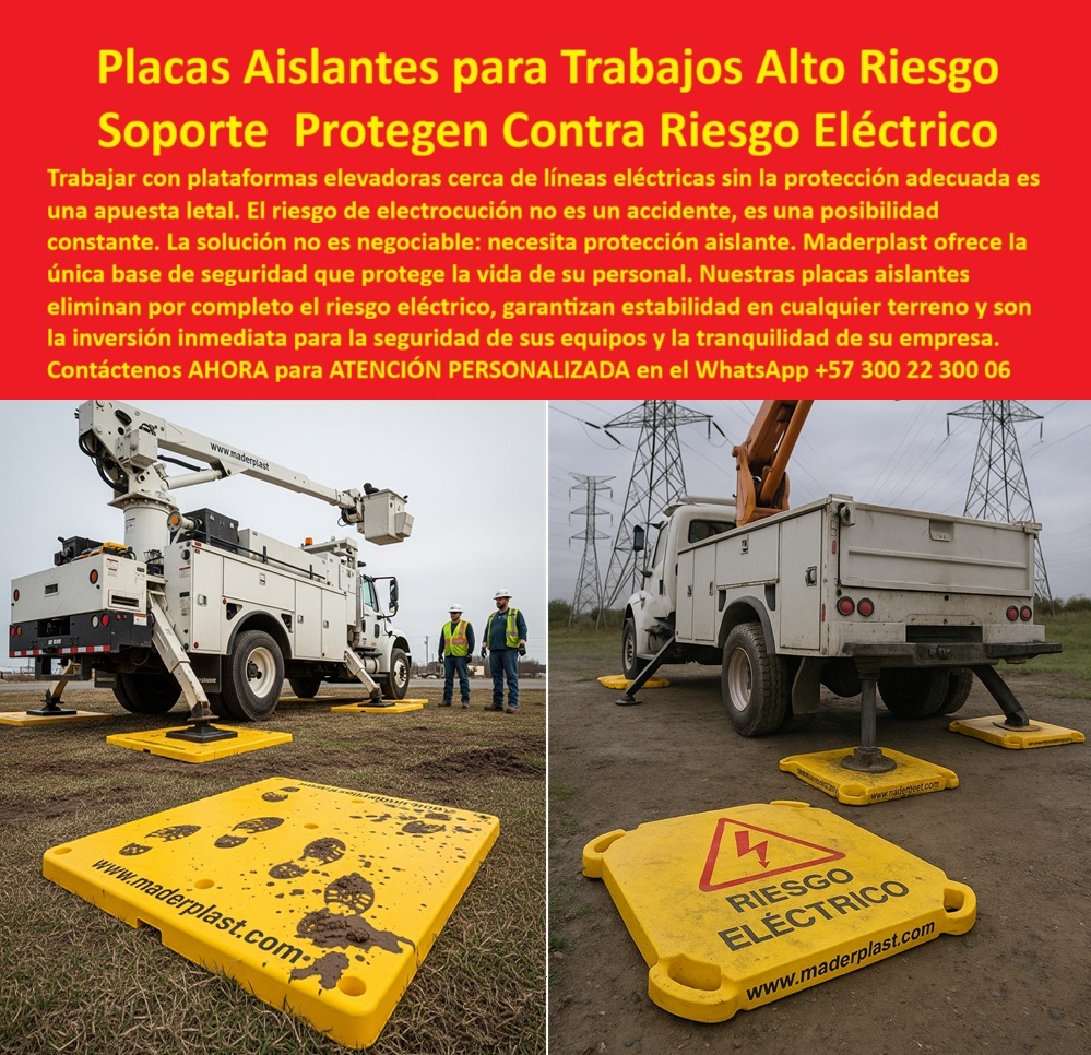 Bases De Seguridad Para Brazos Telescópicos Placas De Apoyo Para Grúa Maderplast 0 placas aislantes riesgo eléctrico trabajos en altura bases para plataformas elevadoras compra inmediata Bases de grúa cuadradas a la medida bases para grúa 0 Placas Aislantes para Trabajos de Alto Riesgo: El Soporte que Protege Contra el Riesgo Eléctrico, Trabajar con plataformas elevadoras o grúas cerca de líneas eléctricas sin la protección adecuada es una apuesta letal. El riesgo de electrocución no es un accidente, es una posibilidad constante en entornos de alta tensión. La solución no es negociable: usted necesita protección aislante y estabilidad total. Maderplast ofrece la única base de seguridad que protege la vida de su personal y la continuidad de su operación, La imagen que se observa es la prueba tangible de esta protección inigualable. Si se pregunta qué placas usar para evitar electrocución en plataformas elevadoras, la respuesta es Maderplast. Nuestras placas aislantes para riesgo eléctrico son la solución definitiva para prevenir accidentes eléctricos en trabajos en altura con brazos telescópicos y grúas hidráulicas, Aislamiento Dieléctrico Certificado y Estabilidad Total, Nuestras placas aislantes plásticas contra accidentes eléctricos están fabricadas en polímero de ingeniería dieléctrico que elimina por completo el riesgo de conducción eléctrica. Si su preocupación es dónde comprar bases dieléctricas para grúas, sepa que Maderplast le proporciona bases de seguridad dieléctrica para grúas que garantizan aislamiento y estabilidad total en cualquier terreno, Las placas plásticas aislantes para grúas están diseñadas para más que solo aislar. Distribuyen la carga de forma uniforme, lo que es vital para evitar hundimientos y deslizamientos peligrosos en suelos blandos o terrenos irregulares. Si necesita bases estables para brazos telescópicos o placas de seguridad para grúas en suelos irregulares, nuestras placas plásticas estables para terrenos blandos aseguran la estabilidad del equipo cerca de las torres eléctricas, Protección Inmediata y Cero Mantenimiento, Nuestras bases cuadradas de seguridad para grúas no son solo seguras, son una inversión inmediata para la protección de sus equipos. Son bases seguras anticorrosivas para grúas, resistentes a impactos, humedad y agentes químicos, lo que asegura su desempeño incluso en ambientes adversos. Si busca placas plásticas resistentes para riesgo eléctrico y bases dieléctricas para plataformas de elevación, Maderplast le ofrece placas dieléctricas certificadas para riesgo eléctrico que cumplen con los estándares de seguridad industrial más exigentes, La ligereza de nuestras placas plásticas para soporte de maquinaria facilita la instalación, sin necesidad de mantenimiento, a diferencia de las bases metálicas que se deterioran. Su color amarillo de alta visibilidad y la clara señalización de Riesgo Eléctrico aportan un nivel extra de seguridad preventiva. Si necesita bases de protección contra riesgo eléctrico para trabajos de mantenimiento eléctrico en campo, nuestras placas plásticas para trabajos de mantenimiento eléctrico son la solución más eficiente y segura, Inversión Inteligente para la Continuidad Operativa, Al invertir en placas aislantes modulares plásticas y bases de seguridad para plataformas eléctricas, usted está protegiendo vidas humanas, reduciendo los costos de accidentes y garantizando la continuidad de las operaciones. Si se pregunta qué solución es más confiable para grúas cerca de torres eléctricas, la respuesta es esta tecnología que ofrece bases plásticas dieléctricas contra descargas y placas plásticas resistentes para plataformas de trabajo, El testimonio del Ing. Andrés Villamil, Jefe de Seguridad Industrial en Redes Eléctricas, lo valida: "Desde que usamos las placas aislantes plásticas de Maderplast, eliminamos el riesgo de electrocución y logramos estabilidad en suelos blandos. Son fáciles de instalar, seguras y cumplen con normativa eléctrica." Esta experiencia demuestra que el diseño y fabricación de este producto de la imagen es la clave para elevar el estándar de seguridad industrial, En Maderplast, cada placa de apoyo para grúa y bases plásticas para plataformas elevadoras es una promesa de calidad y seguridad. Somos el proveedor líder de placas plásticas dieléctricas para subestaciones eléctricas y bases de apoyo seguras para grúas. Maderplast es la única y mejor opción que cumple sus requisitos para proteger su personal, asegurar la continuidad operativa y eliminar el riesgo eléctrico por décadas, Contáctenos ahora para atención personalizada en el WhatsApp +57 300 22 300 06.