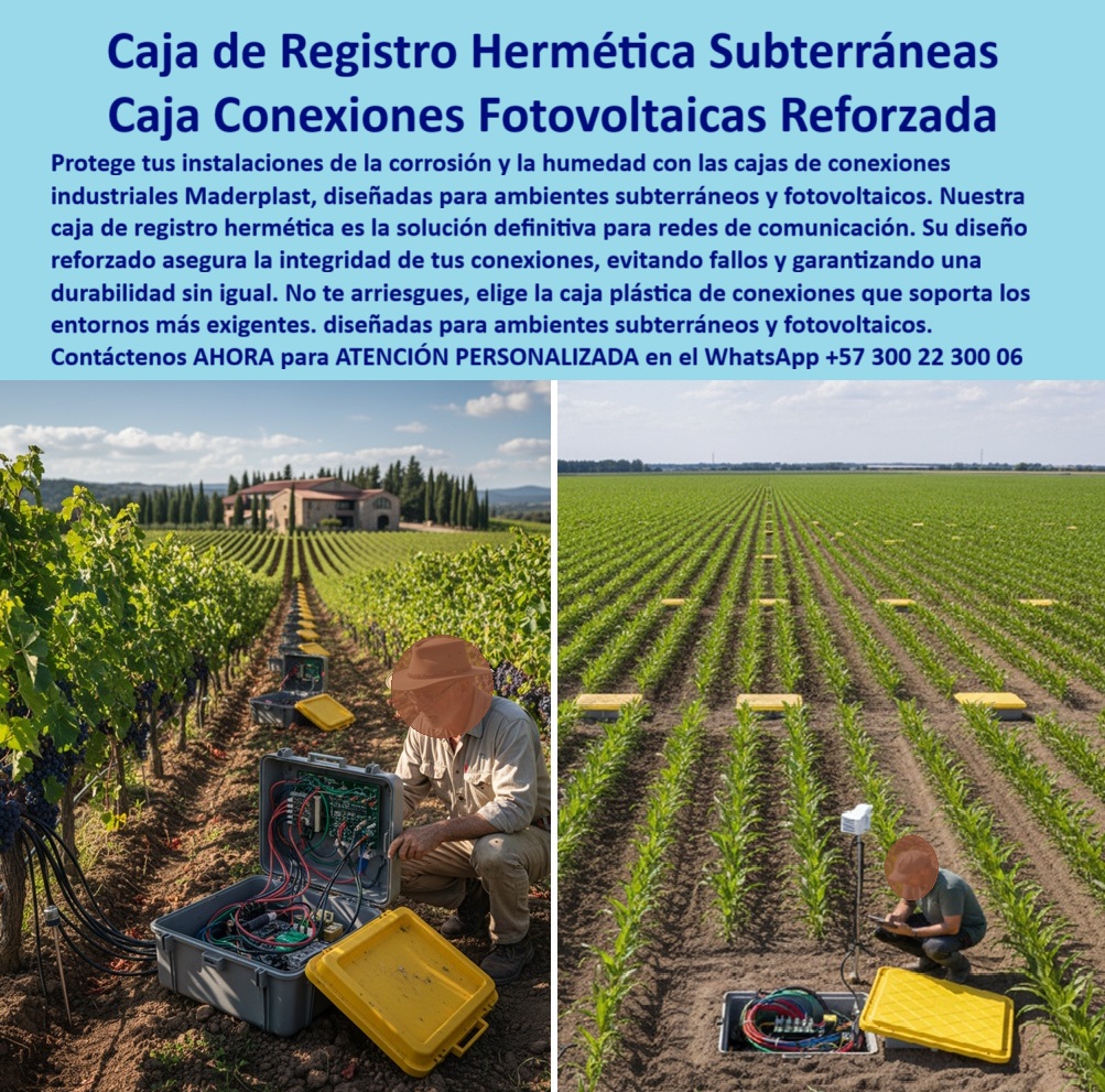 Cajas De Inspección Redes Comunicaciones Caja Conexiones Herméticas Maderplast 0 Caja de registro hermética subterránea caja de conexiones fotovoltaicas reforzada Caja de conexiones contra humedad Caja plástica industrial conexiones PP  Caja de Registro Hermética Subterránea: Conexiones Fotovoltaicas Reforzadas y Seguras, En entornos productivos y de energía renovable, la protección de las redes subterráneas es una inversión crítica. El riesgo de corrosión y fallos eléctricos por humedad en las cajas convencionales es constante, afectando la continuidad operativa. La solución definitiva está en la caja de registro hermética subterránea de Maderplast, diseñada como una caja conexiones fotovoltaicas reforzada que soporta los entornos más exigentes, desde instalaciones solares hasta proyectos de agricultura inteligente, La imagen que observas es la prueba de nuestra innovación. Si te preguntas qué caja de conexiones es ideal para proyectos fotovoltaicos, la respuesta es Maderplast. Nuestra caja plástica subterránea para proyectos agrícolas y solares y registro eléctrico anticorrosivo para riego automatizado eliminan los riesgos de humedad, corrosión y fallos eléctricos, ofreciendo un aislamiento total frente a agua, lodos, químicos y agentes externos. A diferencia del concreto, que se agrieta y falla, nuestras cajas de conexiones herméticas garantizan una durabilidad prolongada y un funcionamiento sin interrupciones, Nuestras cajas de inspección reforzada para energía solar subterránea y caja hermética para empalmes eléctricos solares y agrícolas aseguran la integridad de las conexiones críticas. Si te cuestionas cuál caja de inspección plástica es mejor en riego automatizado, la respuesta es con Maderplast. Nuestra caja de paso plástica contra humedad y lodos agrícolas y registro eléctrico estanco para proyectos de irrigación están diseñadas para condiciones extremas de humedad y químicos, garantizando la confiabilidad en sistemas de irrigación y automatización, La durabilidad y el rendimiento son una de nuestras mayores promesas. Si te preguntas qué caja subterránea fotovoltaica dura más que el concreto, la respuesta es la de Maderplast. Nuestro registro eléctrico fotovoltaico anticorrosivo en polímero PP y caja plástica reforzada anticorrosiva para energía solar no se oxidan ni se corroen, lo que garantiza un ciclo de vida óptimo y cero mantenimiento. Además, su diseño modular facilita la instalación rápida y adaptable a diferentes proyectos de telecomunicaciones rurales, El testimonio del Ing. Alejandro Torres, Jefe de Proyectos Fotovoltaicos, lo valida: "Implementamos cajas herméticas reforzadas de Maderplast y el cambio fue inmediato: cero filtraciones, conexiones seguras y continuidad absoluta en los sistemas fotovoltaicos y de irrigación." Esta experiencia demuestra que nuestra caja de conexiones subterránea reforzada en PP y registro hermético eléctrico para plantaciones inteligentes son la clave para la tranquilidad en tus proyectos, En Maderplast, cada una de nuestras caja plástica de alta resistencia para agricultura inteligente y registro eléctrico estanco reforzado para telecomunicaciones es una promesa de calidad y fiabilidad. Somos el proveedor líder de caja de inspección estanca para proyectos solares fotovoltaicos y registro estanco contra humedad para riego tecnificado. Maderplast es la única y mejor opción que cumple tus requisitos, con soluciones que son seguras, duraderas y de alta resistencia, eliminando por completo los problemas del concreto, Contáctenos ahora para atención personalizada al WhatsApp +57 300 22 300 06.