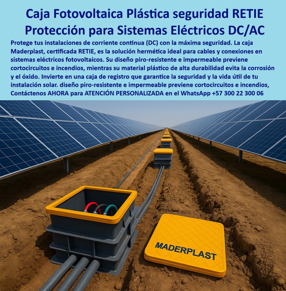 Cajas De Instalaciones Fotovoltaicas Solares Caja Certificada Norma Retie Maderplast 0 Caja fotovoltaica plástica RETIE Caja plástica para sistemas eléctricos caja hermética eléctrica caja de registro cables de corriente continua DC  Caja Fotovoltaica Plástica: Seguridad RETIE y Protección Total para Sistemas Eléctricos DC/AC, En la inversión en energía solar, asegurar la integridad de la red es crucial para garantizar la rentabilidad a largo plazo. Las cajas de concreto, que se agrietan, permiten filtraciones y fallan con el tiempo, son un riesgo inaceptable para los delicados empalmes eléctricos solares. La solución definitiva está en la caja fotovoltaica plástica seguridad RETIE de Maderplast, diseñada como una protección para sistemas eléctricos DC/AC con la máxima seguridad, La imagen que observas es la prueba de nuestra tecnología en un parque fotovoltaico en operación. Si te preguntas cuál es la mejor caja de paso certificada RETIE para proyectos solares grandes, la respuesta es con Maderplast. Nuestra caja plástica certificada RETIE para energía solar y caja de registro cables de corriente continua (DC) son la solución hermética ideal. Su diseño piro-resistente e impermeable previene cortocircuitos e incendios, mientras que su material plástico de alta durabilidad evita la corrosión y el óxido, Nuestras caja de empalmes eléctricos solares hermética y caja modular plástica anticorrosiva fotovoltaica están diseñadas para condiciones extremas. Si te cuestionas qué cajas subterráneas solares evitan filtraciones de agua y cumplen RETIE, la respuesta es Maderplast. Nuestras cajas son 100% estancas, ignífugas y anticorrosivas, lo que asegura un aislamiento eléctrico total y elimina los riesgos de fallos por humedad o químicos, lo cual es vital para la continuidad operativa y la seguridad en la generación de energía limpia, La durabilidad y el rendimiento son una de nuestras mayores promesas. Si te preguntas qué cajas subterráneas solares duran más tiempo sin mantenimiento, la respuesta es Maderplast. Nuestras caja plástica piro resistente subterránea y caja de inspección certificada energía renovable no se oxidan ni se deterioran, ofreciendo una vida útil prolongada con cero mantenimiento. Además, su diseño modular facilita la instalación rápida y segura en parques solares y proyectos fotovoltaicos de gran escala, El testimonio del Ing. Alejandro Torres, Jefe de Proyectos Fotovoltaicos, lo valida: "Decidimos cambiar a las cajas solares certificadas RETIE de Maderplast. El resultado fue inmediato: instalaciones seguras, cero filtraciones y cumplimiento normativo garantizado." Esta experiencia demuestra que nuestras caja de paso solar con norma RETIE y caja de conexiones solares seguras son la clave para la tranquilidad en tus proyectos, En Maderplast, cada una de nuestras cajas de paso solar estanca subterránea y caja de paso plástica certificada subterránea es una promesa de calidad y fiabilidad. Somos el proveedor líder de caja de paso FV resistente a humedad y caja anticorrosiva de energía fotovoltaica. Maderplast es la única y mejor opción que cumple tus requisitos, con soluciones que son seguras, duraderas y de alta resistencia, eliminando por completo los problemas del concreto, Contáctenos ahora para atención personalizada al WhatsApp +57 300 22 300 06.