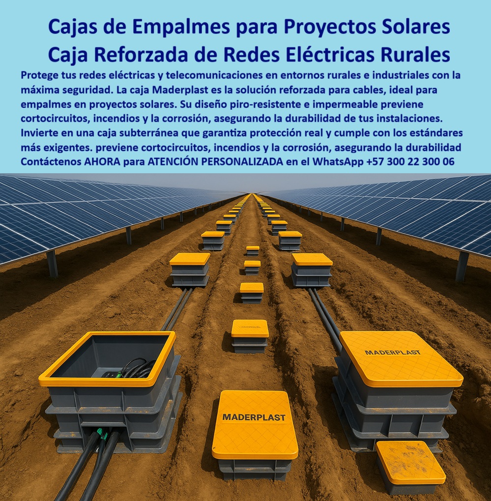 Cajas De Instalaciones Fotovoltaicas Solares Caja Certificada Norma Retie Maderplast 0 Caja redes eléctricas rurales caja plástica reforzada cables caja de empalmes proyectos solares industriales caja subterránea para telecomunicaciones Cajas de Empalmes para Proyectos Solares: La Solución Reforzada para Redes Eléctricas Rurales, En la implementación de proyectos solares y la electrificación de entornos rurales e industriales, la seguridad y la durabilidad de las redes subterráneas son la clave para la continuidad del servicio. Las cajas de concreto y metal son obsoletas ante las condiciones extremas. La respuesta definitiva está en las cajas de empalmes para proyectos solares de Maderplast, diseñadas como caja reforzada de redes eléctricas rurales para ofrecer la máxima protección, La imagen que observas es la prueba de nuestra tecnología en un campo fotovoltaico. Si te preguntas cuál es la caja más segura para empalmes en proyectos solares, la respuesta es con Maderplast. Nuestras caja plástica reforzada para empalmes solares y caja subterránea reforzada para energía solar garantizan seguridad eléctrica, aislamiento total y una durabilidad excepcional frente a la corrosión y el óxido. Su diseño piro-resistente e impermeable previene cortocircuitos, incendios y la corrosión, asegurando la longevidad de tus instalaciones, Nuestras cajas de empalmes certificada RETIE 2024 y caja hermética plástica para proyectos rurales están diseñadas para condiciones extremas. Si necesitas caja subterránea anticorrosiva para telecomunicaciones o una caja de empalme anticorrosiva para parques solares, nuestra estructura de polímero de ingeniería de alta resistencia es la solución. Si te cuestionas qué cajas para empalmes garantizan cero corrosión, la respuesta es simple: las cajas reforzadas plásticas de Maderplast eliminan el óxido y el deterioro, superando al concreto, La durabilidad y el rendimiento son una de nuestras mayores promesas. Si te preguntas qué cajas reforzadas reducen el mantenimiento en redes rurales, la respuesta es Maderplast. Nuestras caja estanca reforzada para empalmes eléctricos y caja reforzada de empalmes rurales RETIE no requieren recubrimientos ni pinturas, asegurando cero mantenimiento y confiabilidad en instalaciones rurales de energía. Además, el carácter piro-resistente elimina riesgos de propagación de fuego, lo que te brinda tranquilidad y seguridad a gran escala, El testimonio del Ing. Andrés Salazar, Jefe de Proyectos Rurales en Energía Solar, lo valida: "Con las cajas reforzadas plásticas certificadas RETIE de Maderplast resolvimos el problema: instalaciones seguras, cero filtraciones y máxima confiabilidad." Esta experiencia demuestra que nuestra caja subterránea reforzada anticorrosiva solar y caja plástica modular de paso solar son la clave para la continuidad operativa en proyectos solares y de electrificación rural, En Maderplast, cada una de nuestras cajas plásticas estanca proyectos fotovoltaicos y caja estanca de alta resistencia fotovoltaica es una promesa de calidad y fiabilidad. Somos el proveedor líder de caja de empalme piro resistente solar y caja reforzada para cableado eléctrico solar. Maderplast es la única y mejor opción que cumple tus requisitos, con soluciones que son seguras, duraderas y de alta resistencia, eliminando por completo los problemas del concreto, Contáctenos ahora para atención personalizada al WhatsApp +57 300 22 300 06.