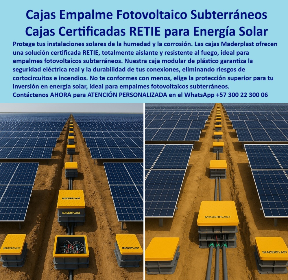 Cajas De Instalaciones Fotovoltaicas Solares Caja Certificada Norma Retie Maderplast 0 caja de empalmes fotovoltaicos subterránea Caja modular plástica para electricidad caja plástica certificada para energía solar Caja industrial d Cajas Empalme Fotovoltaico Subterráneas: Solución Certificada RETIE para Energía Solar, En la inversión en energías renovables, proteger la infraestructura crítica de la humedad y la corrosión es asegurar la rentabilidad. Las cajas de concreto, que se rajan o filtran agua, son un riesgo inaceptable para las delicadas conexiones solares. La solución definitiva está en las cajas empalme fotovoltaico subterráneos de Maderplast, diseñadas para ser cajas certificadas RETIE para energía solar de alto nivel, La imagen que observas es la prueba de nuestra tecnología en un campo fotovoltaico. Si te preguntas qué cajas usar para empalmes fotovoltaicos subterráneos, la respuesta es Maderplast. Nuestras caja modular plástica para instalaciones fotovoltaicas y cajas de paso hermético certificada para energía solar son totalmente aislantes, ignífugas y anticorrosivas, eliminando riesgos de cortocircuitos e incendios. Si te cuestionas cuál es la caja más segura para energía solar, la respuesta es la de Maderplast, que ofrece seguridad eléctrica real y la durabilidad de tus conexiones, Nuestras cajas plásticas anticorrosivas para proyectos fotovoltaicos y caja subterránea estanca para empalmes eléctricos solares están diseñadas para condiciones extremas. Si necesitas cajas de empalme plástico ignífugas para fotovoltaico o una caja modular reforzada para instalaciones solares seguras, nuestra estructura de polipropileno reforzado asegura máxima resistencia mecánica y química. El diseño modular permite una instalación rápida y segura, adaptándose a todo tipo de configuraciones de cableado en plantas solares de gran escala, La durabilidad y el rendimiento son una de nuestras mayores promesas. Si te preguntas qué cajas eléctricas solares tienen menor mantenimiento, la respuesta es Maderplast. Nuestras cajas eléctricas anticorrosivas para energía fotovoltaica y cajas de paso RETIE certificadas para fotovoltaico no se oxidan, no se corroen y reducen a cero los costos de mantenimiento, lo que las convierte en la inversión inteligente para quienes buscan rendimiento a largo plazo. Además, al cumplir estrictamente con la norma RETIE 2024, garantizamos continuidad eléctrica sin fallas, El testimonio de la Ing. Camila Herrera, Coordinadora de Proyectos Solares, lo valida: "Decidimos cambiar a las cajas plásticas certificadas Maderplast y logramos seguridad total, instalación más rápida y cero mantenimientos. Hoy, cada empalme solar funciona impecable." Esta experiencia demuestra que nuestras cajas plásticas estancas para cableado fotovoltaico y cajas plásticas reforzadas certificadas RETIE fotovoltaico son la clave para la continuidad energética, En Maderplast, cada una de nuestras cajas de seguridad para empalmes solares y cajas de paso estancas para empalmes fotovoltaicos es una promesa de calidad y fiabilidad. Somos el proveedor líder de caja de inspección modular RETIE energía renovable y caja subterránea ignífuga para instalaciones solares. Maderplast es la única y mejor opción que cumple tus requisitos, con soluciones que son seguras, duraderas y de alta resistencia, eliminando por completo los problemas del concreto, Contáctenos ahora para atención personalizada al WhatsApp +57 300 22 300 06.