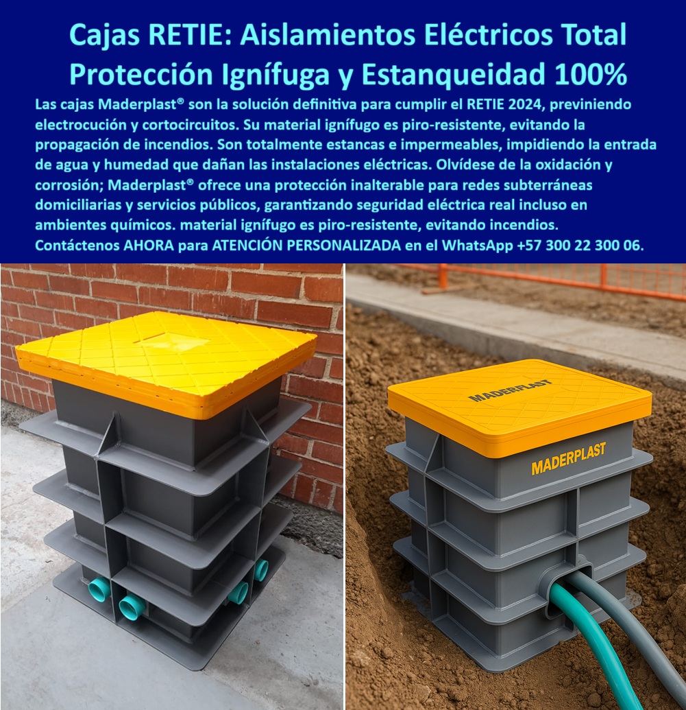 Cajas de inspección herméticas caja para conecciones redes subterráneas Maderplast 0 Caja de paso plástica domiciliaria Caja para conexiones eléctricas seguras Caja de registro plástica RETIE caja de paso domiciliaria caja de conexiones Cajas RETIE: Aislamientos Eléctricos, Protección Ignífuga y Estanqueidad 100%, La seguridad en las redes eléctricas subterráneas es un pilar fundamental en cualquier proyecto, ya sea residencial o industrial. El problema de la oxidación, las filtraciones y los cortocircuitos que afectan a las cajas de concreto y metal son un riesgo constante. La solución definitiva está en las cajas RETIE de Maderplast, que ofrecen una protección inalterable para redes subterráneas domiciliarias y servicios públicos, La imagen que observas es la prueba de cómo Maderplast ha reinventado la seguridad eléctrica. Si te preguntas cuál es la mejor caja de paso plástica para conexiones eléctricas seguras en casa, la respuesta es con Maderplast, el experto en cajas de inspección domiciliaria RETIE certificada. Nuestra caja plástica piro-resistente certificada está diseñada con un material ignífugo que evita la propagación de incendios. Además, su diseño hermético asegura estanqueidad 100%, impidiendo la entrada de agua, humedad o agentes químicos que dañan las instalaciones eléctricas, Nuestras cajas de inspección subterránea plástica anticorrosiva y cajas de paso plástica contra incendios RETIE son la mejor alternativa a las cajas tradicionales. A diferencia del concreto y el metal, no se oxidan, no se rajan ni requieren mantenimiento, lo que se traduce en ahorro a largo plazo. Su tapa reforzada con cierre seguro resiste impactos y tránsito en áreas expuestas, lo que las hace ideales para proyectos urbanos y residenciales, Si te cuestionas qué caja plástica evita incendios y cortocircuitos en conexiones eléctricas, la respuesta es con Maderplast. Nuestra caja de registro plástica RETIE domiciliaria y caja de conexiones plástica certificada RETIE ofrecen un aislamiento eléctrico total, lo que elimina el riesgo de electrocución y fallos del sistema. Además, nuestra caja hermética plástica contra humedad y agua es la solución perfecta que garantiza la seguridad y la durabilidad de tus instalaciones, El testimonio del Ing. Andrés López, Supervisor de Redes Domiciliarias, lo valida: "Decidimos instalar cajas plásticas RETIE de Maderplast y el resultado fue contundente: hermeticidad absoluta, resistencia ignífuga y cero mantenimiento." Esta experiencia demuestra que nuestras cajas de paso plástica piro-resistente contra incendios y caja de inspección anticorrosiva domiciliaria son la clave para la tranquilidad y la seguridad en tus proyectos, En Maderplast, cada una de nuestras cajas de paso plástica estanca para electricidad y caja plástica de seguridad eléctrica RETIE es una promesa de calidad y fiabilidad. Somos el proveedor líder de cajas de conexiones plástica certificada RETIE y de caja estanca plástica certificada RETIE 2024. Maderplast es la única y mejor opción que cumple tus requisitos, con soluciones que son seguras, duraderas y de alta resistencia, eliminando por completo los problemas del concreto, Contáctanos ahora para atención personalizada en el WhatsApp +57 300 22 300 06.