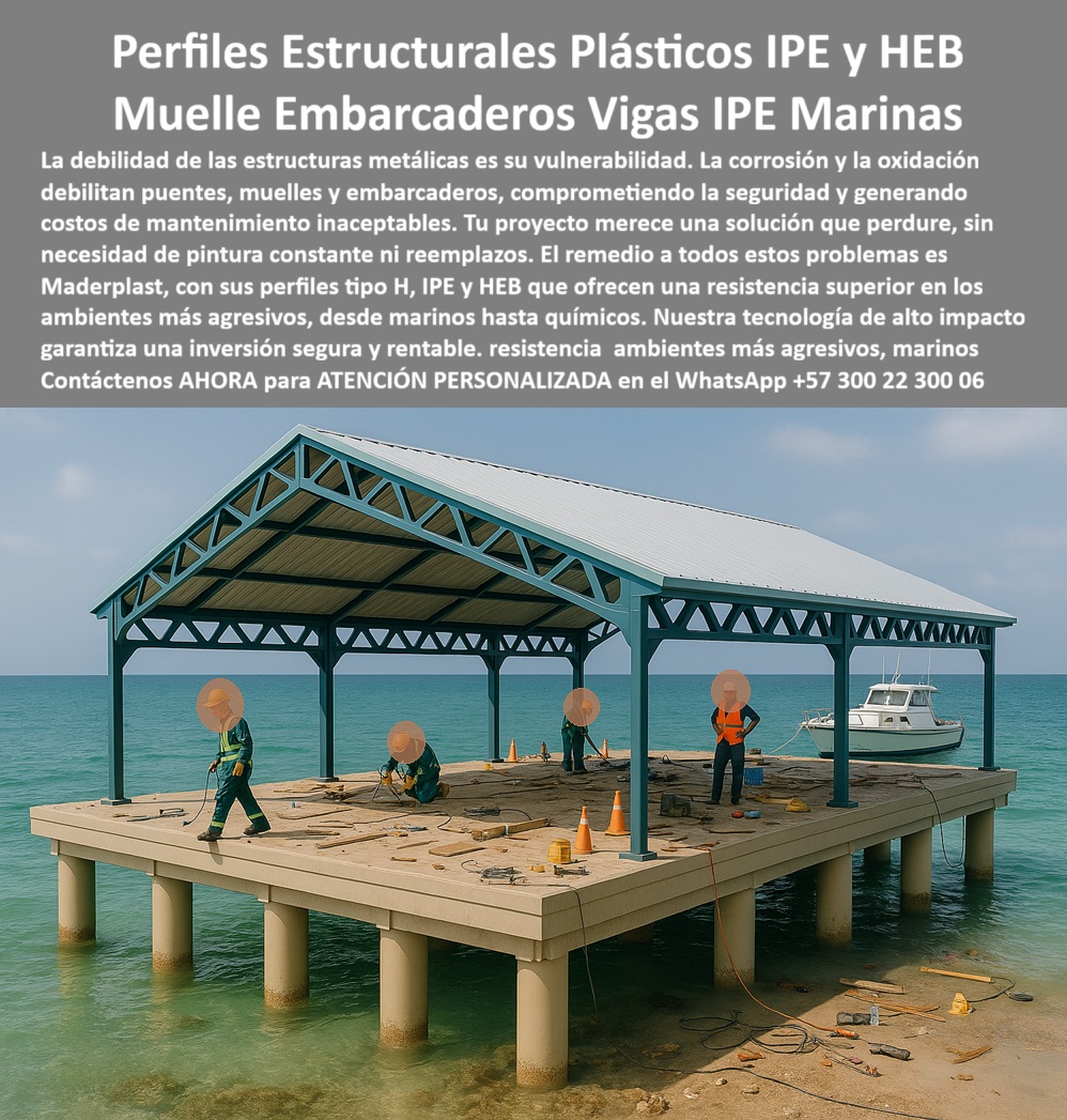 Columnas Vigas IPE IPN Perfiles estructurales HEB HEM Materiales Maderplast 0 Vigas plásticas resistentes a corrosión y muelles flotantes Muelle plástico para botes y lanchas Estructuras modulares plásticas para embarcaderos Construcción Perfiles Estructurales Plásticos IPE y HEB: La Solución Definitiva para la Ingeniería Marina, En el exigente mundo de la ingeniería costera, la corrosión es el enemigo número uno. Los muelles y embarcaderos construidos con estructuras metálicas se oxidan, comprometiendo la seguridad y generando costos de mantenimiento inaceptables. Pero tu proyecto merece una solución que perdure, sin necesidad de pintura constante ni reemplazos. La respuesta está en los perfiles estructurales plásticos de Maderplast, con sus perfiles tipo IPE y HEB que ofrecen una resistencia superior en los ambientes más agresivos, La imagen que observas es la prueba de cómo Maderplast ha reinventado la construcción costera. Muestra un muelle en plena construcción, sostenido por columnas plásticas HEB para embarcaderos industriales y cubierto por una estructura de vigas plásticas IPE de gran formato para muelles que son completamente inmunes a la salinidad. Si te preguntas dónde puedo comprar vigas plásticas resistentes para muelles en ambientes marinos, la respuesta es con Maderplast, que fabrica perfiles plásticos reforzados para muelles portuarios y vigas plásticas anticorrosivas para muelles flotantes con una vida útil superior a 30 años sin mantenimiento, Si te cuestionas qué ventajas ofrecen las columnas plásticas frente a las metálicas en embarcaderos, la respuesta es que son totalmente inmunes a la oxidación, soportan cargas pesadas y resisten ambientes salinos extremos, donde las metálicas fallan y requieren recubrimientos constantes. Nuestras columnas plásticas HEB para proyectos marítimos eliminan las paradas por mantenimiento y reducen los costos operativos, La durabilidad es una de nuestras mayores promesas. ¿Cuál es la vida útil de un muelle construido con perfiles plásticos estructurales? Los muelles fabricados con nuestros perfiles alcanzan una vida útil de más de tres décadas en ambientes marinos sin requerir repintado ni recubrimientos, resistiendo químicos, salinidad y humedad permanente. Esto se traduce en un proyecto seguro y confiable, donde la inversión inicial se recupera con el ahorro en mantenimiento, ¿Es seguro construir embarcaderos con vigas plásticas? Sí, los embarcaderos construidos con perfiles plásticos anticorrosivos para embarcaderos de Maderplast son completamente seguros. Cada perfil está diseñado para soportar cargas estáticas y dinámicas, resistir vibraciones, impactos y la acción constante del oleaje. Además, nuestro ensamble CNC asegura uniones exactas que brindan una rigidez estructural superior, El testimonio de Felipe Ramírez, Ingeniero Jefe de Proyectos Portuarios, lo valida: "Con los perfiles plásticos IPE y HEB de Maderplast construimos un embarcadero robusto y libre de mantenimiento, que soporta perfectamente el tránsito de personas y equipos sin mostrar deterioro." Esta experiencia demuestra que nuestras vigas plásticas reforzadas para plataformas náuticas son la clave para la continuidad y la seguridad en tus proyectos, En Maderplast, cada una de nuestras columnas plásticas anticorrosivas para plantas marinas y vigas estructurales plásticas para cubiertas costeras es una promesa de calidad. Somos el fabricante líder de perfiles plásticos industriales anticorrosivos CNC y de vigas plásticas IPE de gran formato para muelles. Maderplast es la única y mejor opción que cumple tus requisitos, con soluciones que son seguras, económicas y de larga duración, eliminando por completo los problemas del metal, Contáctenos ahora para atención personalizada al WhatsApp +57 300 22 300 06.