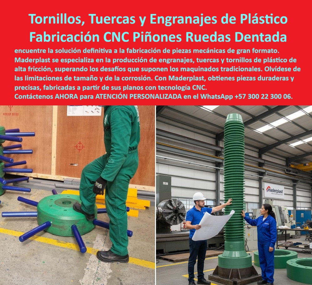 Engranajes Aplicaciones Alta Fricción Tuercas Y Tornillos Piezas Mecánicas Maderplast 0 Fabricación de piñones a partir de planos CNC Ruedas dentadas en plástico técnico Tuercas Y Tornillos y fabrican Tuercas Y Tornillos engranajes plásticos Tornillos, Tuercas y Engranajes de Plástico: La Excelencia en Fabricación CNC de Piñones y Ruedas Dentadas, En el desafiante mundo de la ingeniería industrial, los componentes mecánicos de gran formato enfrentan una batalla constante contra la corrosión, el peso y el desgaste. La solución definitiva ha llegado de la mano de Maderplast, que se especializa en la producción de tornillos, tuercas y engranajes de plástico de alta fricción, superando con creces los desafíos que suponen los maquinados tradicionales. La imagen que observas es la prueba tangible de nuestra maestría: a la izquierda, un robusto engranaje plástico industrial con brazos azules, y a la derecha, un tornillo plástico gigante con roscas perfectamente definidas, que demuestra nuestra capacidad de fabricación CNC de piñones y ruedas dentadas de gran formato, Si te preguntas dónde fabrican tornillos plásticos de gran tamaño o tuercas plásticas de gran tamaño fabricadas en CNC, la respuesta es con Maderplast. Nuestra tecnología de punta nos permite transformar tus planos en piezas duraderas y precisas. ¿Qué ventajas tienen los tornillos plásticos frente a los metálicos? Son más ligeros, anticorrosivos, eliminan la oxidación y requieren cero mantenimiento, lo que garantiza una seguridad inigualable en aplicaciones críticas. Nuestras tuercas plásticas industriales mecanizadas en CNC son ideales para maquinaria pesada, mientras que nuestros engranajes plásticos de ingeniería para alta fricción son perfectos para aplicaciones que demandan durabilidad y eficiencia, La personalización es una de nuestras mayores fortalezas. Si te preguntas si se pueden fabricar tuercas plásticas industriales a medida o si podemos hacer ruedas dentadas en plástico técnico, la respuesta es un rotundo sí. En Maderplast, fabricamos piñones plásticos a partir de planos CNC y tornillos plásticos personalizados fabricados en CNC que se ajustan a tus necesidades exactas. Si buscas engranajes plásticos industriales para reemplazo metálico, nuestros piñones plásticos industriales resistentes al agua y engranajes plásticos CNC resistentes a ambientes agresivos son la solución perfecta, con una durabilidad de más de 20 años sin oxidación ni deformación, El mantenimiento es una preocupación del pasado. ¿Qué mantenimiento requieren las tuercas plásticas industriales? Ninguno. Su material plástico elimina la corrosión y reduce los costos de operación, una ventaja garantizada por Maderplast. Nuestras ruedas dentadas plásticas anticorrosivas para industria y engranajes plásticos duraderos fabricados en polímeros son la mejor inversión a largo plazo para tu empresa, El testimonio de Andrés Vélez, Ingeniero Mecánico en una planta química, lo confirma: "Con Maderplast logramos fabricar piezas plásticas CNC de gran formato que resisten ambientes agresivos sin mantenimiento... Hoy nuestra maquinaria opera con seguridad y confiabilidad gracias a las soluciones que solo Maderplast pudo entregar." Esta experiencia demuestra que nuestros componentes plásticos industriales mecanizados en CNC son la clave para la continuidad y seguridad en tus procesos, En Maderplast, cada uno de nuestros tornillos plásticos anticorrosivos de alta resistencia y engranajes plásticos personalizados para proyectos mecánicos es una promesa de calidad y confiabilidad. Confía en nosotros para obtener tornillos plásticos ligeros para aplicaciones mecánicas y tuercas plásticas CNC para maquinaria de gran formato. Maderplast es la única y mejor opción que cumple tus requisitos, ofreciendo una solución que es segura, duradera y rentable, y que transforma tus planos en una realidad tangible, Para atención personalizada, contáctanos ahora en el WhatsApp +57 300 22 300 06.