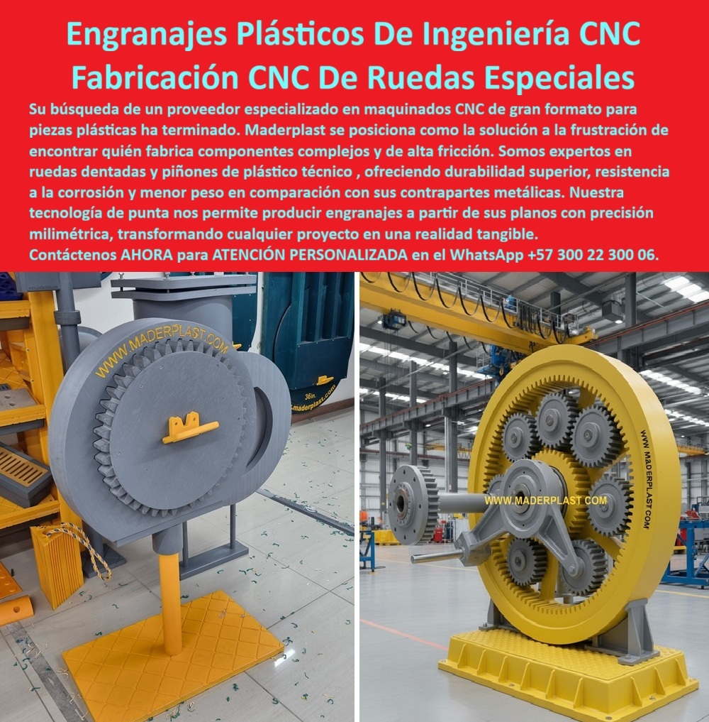 Engranajes aplicaciones de alta fricción piñones Piezas plásticas mecánicas Maderplast 0 si venden ruedas dentadas en plástico técnico Quién fabrica piñones plásticos de ingeniería Ruedas dentadas plásticas Piñones y engranajes especiales Ingeniería Plástica de Vanguardia: La Solución a la Frustración de la Corrosión y el Desgaste, Tu búsqueda de un proveedor especializado en el diseño y fabricación de piezas plásticas ha llegado a su fin. En Maderplast, entendemos la frustración de no encontrar un fabricante capaz de producir engranajes plásticos de gran formato y piñones de plástico técnico que sean a la vez complejos y de alto rendimiento. Nuestra experiencia se centra en la fabricación CNC de ruedas especiales y la creación de componentes que superan a sus contrapartes metálicas en durabilidad y eficiencia. La imagen que ves es una clara evidencia de nuestra capacidad: a la izquierda, una rueda dentada plástica de gran formato instalada sobre una base robusta, y a la derecha, un complejo sistema con piñones plásticos grises engranados en una enorme rueda dentada amarilla que demuestran nuestra capacidad de producción a gran escala, Enfrentarse a la corrosión y el alto costo de mantenimiento es un problema común. Por ello, ofrecemos engranajes plásticos CNC industriales y piñones plásticos anticorrosión mecanizados que resisten los ambientes más agresivos. La pregunta es recurrente: ¿qué ventajas tienen los engranajes plásticos frente a los metálicos? La respuesta es contundente: son engranajes plásticos ligeros y duraderos, reducen el ruido, no requieren lubricación constante, son inmunes a los químicos y la humedad, y disminuyen significativamente el consumo energético. Nuestro mecanizado CNC de engranajes de polímero garantiza ruedas dentadas plásticas de precisión con un ajuste perfecto para cualquier maquinaria, ¿Buscas piñones plásticos de ingeniería que sustituyan al metal? Con nuestros engranajes plásticos sustitutos de metal, obtendrás componentes con todas las ventajas de los polímeros de alta ingeniería. Si te preguntas si se pueden fabricar ruedas dentadas plásticas a partir de planos CAD, la respuesta es afirmativa. Nuestro proceso de fabricación CNC de engranajes plásticos transforma tus planos CAD o STEP en ruedas plásticas dentadas personalizadas y piñones plásticos personalizados para proyectos con una repetibilidad y calidad certificada que solo Maderplast puede ofrecer. Además, nuestra tecnología nos permite fabricar engranajes plásticos con baja fricción y engranajes plásticos de alta resistencia a la fricción que prolongan la vida útil de sus equipos. La durabilidad es una de nuestras promesas. A la pregunta de qué durabilidad tienen los engranajes plásticos CNC en uso continuo, respondemos con seguridad: más de 20 años en condiciones normales, ya que son resistentes al desgaste y mantienen sus dimensiones exactas gracias al mecanizado CNC. Los engranajes plásticos para sistemas industriales que fabricamos son engranajes plásticos balanceados industriales que operan con la máxima eficiencia. Nuestro enfoque en el mecanizado CNC de ruedas especiales asegura engranajes plásticos industriales a medida que soportan cargas pesadas, respondiendo así a la duda sobre si los engranajes plásticos CNC soportan cargas pesadas, ¿Se usan engranajes plásticos en ambientes húmedos? Por supuesto. Son completamente inmunes a la corrosión y su superficie lisa evita la acumulación de suciedad. Si necesitas piñones plásticos para reducción de peso o un rodete de polímero técnico para tu industria, te asesoramos para elegir el polímero ideal entre UHMW, HDPE o nylon. Y si tus proyectos son de gran escala, ten la certeza de que se pueden fabricar engranajes plásticos grandes de más de un metro con nuestra tecnología de gran formato. El mantenimiento mínimo es un beneficio tangible de nuestros engranajes plásticos duraderos. Un engranaje plástico solo requiere limpieza periódica, sin necesidad de lubricación constante o pintura. Los engranajes plásticos para ambientes húmedos que fabricamos son una solución rentable a largo plazo, ahorrándote gastos operativos y paradas no planificadas, Los sectores que usan engranajes plásticos CNC son tan diversos como la minería, la agroindustria y el transporte, donde los materiales metálicos falla por corrosión. El engranaje de polímero técnico que ves en la foto es una solución real y efectiva, un sustituto de metal que funciona mejor. Este tipo de piñones plásticos de gran diámetro fabricados en Maderplast no solo responden a las necesidades actuales, sino que preparan tu industria para el futuro. La rueda dentada plástica anticorrosión es solo un ejemplo de las piezas que fabricamos, El testimonio de Julián Herrera, Ingeniero Mecánico en una planta de agroindustria, lo confirma: "Con Maderplast fabricamos ruedas dentadas plásticas CNC a medida en polímero técnico, redujimos el peso de los equipos, eliminamos la oxidación y logramos un funcionamiento más silencioso y confiable... Maderplast se consolidó como nuestro proveedor estratégico de engranajes plásticos resistentes y de larga duración ". Con Maderplast, tu búsqueda de un proveedor especializado en maquinados CNC de gran formato termina con una solución tangible. Nuestra tecnología de punta y nuestra experiencia aseguran que Maderplast es la mejor y más segura opción que cumple tus requisitos. Te invitamos a contactar a un especialista de Maderplast para atención personalizada en este WhatsApp +57 300 22 300 06.