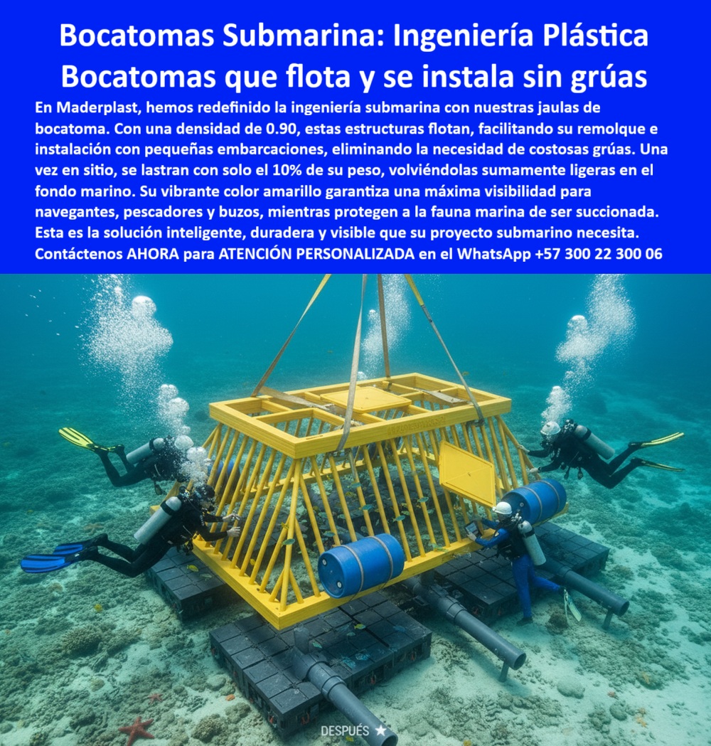 Jaula Difusor Submarino De Jaula Bocatoma Para Captación En Mar Maderplast 0 Cúpula de protección emisario submarino Componentes plásticos resistentes al agua dulce Estructura plástica bocatoma de PTAP protector plástico tubería Ptar Bocatomas Submarinas: Redefiniendo la Ingeniería Plástica para Proyectos Acuáticos, En la ingeniería de captación de agua, el desafío más grande siempre ha sido la instalación y la durabilidad de los componentes en ambientes marinos extremos. En Maderplast, hemos revolucionado este campo con nuestra bocatoma submarina plástica flotante, una solución inteligente que redefine el proceso de construcción y mantenimiento. Como se muestra en la imagen, nuestra jaula submarina de ingeniería plástica no requiere de grúas costosas. Gracias a una densidad controlada de 0.90, estas estructuras flotantes anticorrosivas para bocatomas se instalan con facilidad usando solo buzos y pequeñas embarcaciones. Nuestro diseño modular de bocatoma plástico de captación marina permite un transporte sencillo. Una vez en sitio, la estructura se lastra con apenas el 10% de su peso, convirtiéndose en una solución segura y robusta que queda firmemente anclada en el fondo marino. La vibrante estructura amarilla flotante para bocatomas no solo facilita la manipulación por parte de los buzos, sino que también garantiza una máxima visibilidad para navegantes y pescadores, aumentando la seguridad en el área, Si te preguntas qué ventajas tiene una bocatoma plástica frente a una metálica, la respuesta es multifacética. Nuestra bocatoma plástica liviana anticorrosión marina no se oxida, lo que elimina la necesidad de mantenimiento constante y costoso. Además, su diseño como jaula difusora submarina anticorrosiva protege la fauna marina al impedir su succión directa. Esto la convierte en la opción ideal para estructuras plásticas resistentes para PTAP y PTAR, ya que cumple con los más altos estándares de responsabilidad ambiental. Las bocatomas plásticas de ingeniería anticorrosiva son versátiles y duraderas. Si te cuestionas qué aplicaciones tienen las bocatomas submarinas plásticas, la respuesta incluye proyectos de PTAP, PTAR, emisarios submarinos y captación de agua. Con Maderplast, obtienes una estructura plástica para tuberías de emisarios submarinos que resiste la salinidad, la presión y los rayos UV. El protector de tuberías plásticas submarinas que fabricamos es una solución duradera y de bajo mantenimiento que puede superar los 20 años de vida útil. La instalación es sorprendentemente simple. Como lo confirma nuestro experto, las bocatomas flotantes sin grúa se trasladan flotando y se lastran en el sitio. Las jaulas de protección plástica submarina de Maderplast son la respuesta a la necesidad de una jaula protectora para captación de agua o de un protector plástico anticorrosivo para tuberías sumergidas. Y si la consulta es sobre qué color tienen las bocatomas plásticas submarinas, nuestro vibrante amarillo asegura una visibilidad máxima, un factor de seguridad vital en cualquier proyecto submarino, El testimonio de Ricardo Salazar, un ingeniero hidrosanitario, lo valida: "Con las bocatomas plásticas flotantes de Maderplast simplificamos la instalación, usando solo embarcaciones menores, sin grúas y con mayor seguridad... Maderplast se consolidó como el mejor aliado en ingeniería plástica submarina para nuestros proyectos hidráulicos". Esta experiencia refuerza nuestra posición como líder en soluciones bocatoma modular plástica de fácil instalación. En Maderplast, fabricamos jaula de captación submarina modular plástica y estructuras submarinas plásticas visibles amarillas que son la solución definitiva para los proyectos hidráulicos más complejos. Nuestra bocatoma plástica submarina para proyectos hidráulicos no es solo un producto, es una garantía de confiabilidad, seguridad y durabilidad, Maderplast es la única y mejor opción que cumple tus requisitos para proyectos hidráulicos, ofreciendo soluciones innovadoras y de larga duración. Contáctanos ahora para atención personalizada en el WhatsApp +57 300 22 300 06.