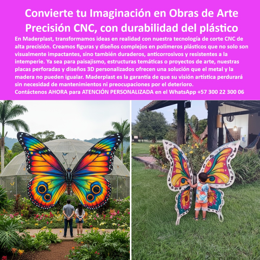 Patrones Corte CNC Paisajismo Figuras Con Corte CNC Maquinados CNC Maderplast 0 Placas perforadas CNC en polímeros plásticos Placas perforadas plásticas anticorrosivas Perforaciones a pedido sobre diseños 3D Rejillas CNC plásticas Flor Convierte tu Imaginación en Obras de Arte: Precisión CNC con la Durabilidad del Plástico, La barrera entre la ingeniería y el arte se ha desvanecido gracias a las innovadoras soluciones de Maderplast. La imagen que observas es la prueba tangible de nuestra capacidad para convertir tus ideas en obras de arte perdurables. Nuestras esculturas plásticas CNC resistentes a la intemperie y figuras artísticas en polímero plástico duradero son el resultado de la tecnología de corte de alta precisión que nos permite crear diseños complejos y estéticamente impactantes que ni el metal ni la madera pueden igualar, Si buscas un proveedor que no solo fabrique, sino que innove, Maderplast es tu mejor opción. Si te preguntas dónde comprar esculturas plásticas para jardines o mariposas gigantes decorativas para paisajismo, la respuesta es con nosotros. Creamos estructuras plásticas anticorrosivas para exteriores que son ideales para parques temáticos, jardines, plazas y proyectos de paisajismo. ¿Qué ventajas tienen las esculturas plásticas CNC frente a las metálicas? Son más ligeras, no se oxidan, resisten el sol y la humedad, y mantienen sus colores vibrantes por años, lo que elimina el costoso mantenimiento, La personalización es nuestro sello. Si te preguntas si se pueden fabricar esculturas artísticas personalizadas, la respuesta es un rotundo sí. En Maderplast, convertimos cualquier diseño en una obra de arte CNC fabricada en plástico industrial, ideal para proyectos turísticos y paisajismo urbano. Nuestros diseños 3D nos permiten crear figuras plásticas decorativas a medida CNC con un nivel de detalle que asegura su atractivo visual y su funcionalidad. Las piezas artísticas plásticas resistentes al clima que fabricamos, como las mariposas de la imagen, superan décadas de vida útil, resistiendo sol y lluvia sin deterioro, Para proyectos de alto impacto, como parques temáticos y jardines botánicos, nuestras esculturas plásticas grandes para paisajismo urbano y figuras decorativas CNC anticorrosivas exteriores son la solución ideal. El testimonio de la arquitecta de paisajismo Carolina Rojas lo confirma: "Con Maderplast logramos instalar mariposas plásticas gigantes que hoy son ícono del lugar. Resistieron sol, lluvia y el contacto constante de visitantes sin perder color ni forma." Esta experiencia demuestra que nuestras esculturas plásticas ligeras y duraderas para parques son una inversión segura, En Maderplast, cada una de nuestras esculturas de polímero CNC con acabados de color es una promesa de calidad y creatividad. Somos expertos en obras artísticas plásticas personalizadas CNC y en esculturas 3D plásticas a pedido. Maderplast es la única y mejor opción que cumple tus requisitos, con una visión artística que perdurará sin necesidad de mantenimiento ni preocupaciones por el deterioro, Contáctanos ahora para atención personalizada en el WhatsApp +57 300 22 300 06.