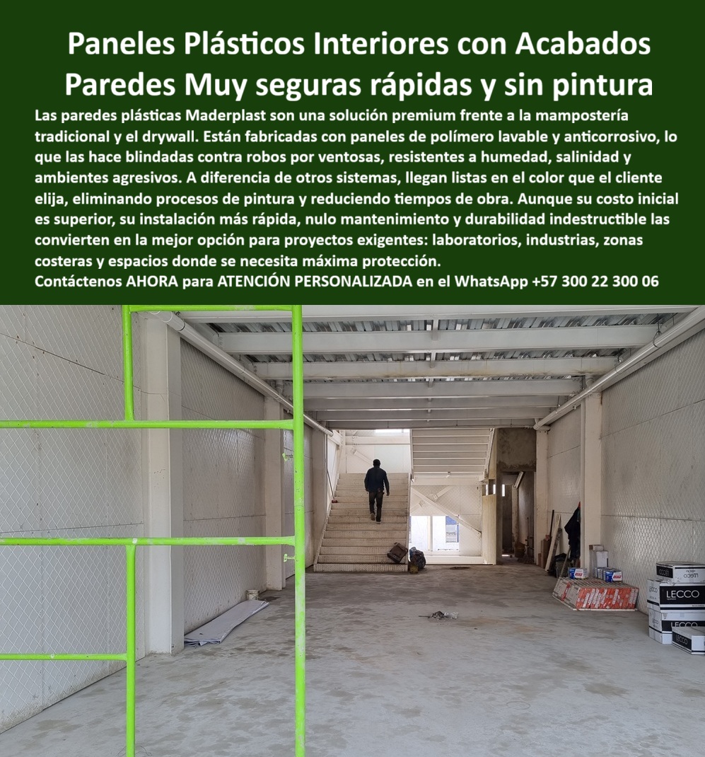Placa Huella modular para camiones placas de soporte vehicular Maderplast 0 suelo removible maquinaria Piso portátil para lluvia carretera temporal plástica Pasarelas de rodadura para obras civiles. Sendero vehicular removible VíalPlaca Paneles Plásticos Interiores con Acabados: Paredes Muy Seguras, Rápidas y Sin Pintura, El desafío de la construcción moderna en laboratorios, industrias, zonas costeras y espacios hospitalarios es encontrar una solución para paredes que combine higiene, máxima seguridad y durabilidad a largo plazo, sin la carga financiera del mantenimiento constante. La mampostería tradicional y el drywall son sistemas que fallan, se deterioran y exigen pintura frecuente, lo que compromete la inversión y la bioseguridad. Maderplast ofrece la solución premium definitiva, Nuestros paneles plásticos interiores Maderplast son la respuesta superior. Fabricadas con polímeros de ingeniería anticorrosivos, estas paredes plásticas anticorrosivas son la única alternativa que resiste humedad, salinidad y ambientes agresivos sin deteriorarse, Máxima Protección y Cero Mantenimiento Garantizado, Si se pregunta qué paredes usar para interiores donde no se oxiden ni se deterioren, la respuesta es esta tecnología. Nuestros paneles plásticos interiores anticorrosión eliminan por completo el problema de la corrosión y el óxido. A diferencia de otros sistemas, nuestras paredes modulares sin pintura llegan listas en el color que el cliente elija, eliminando procesos de pintura costosos y reduciendo drásticamente los tiempos de obra, Para áreas críticas que exigen limpieza constante, nuestras paredes plásticas higiénicas son la inversión ideal. Si busca una solución para laboratorios que necesitan paredes higiénicas, los paneles plásticos interiores lavables de Maderplast cumplen con los más altos estándares sanitarios y son fáciles de limpiar. La pared plástica para industria alimentaria es completamente inmune a químicos y permite mantener un entorno seguro y estéril, Diseño Estructural: Blindaje y Rapidez de Instalación, Nuestras paredes plásticas interiores seguras aportan un nivel de protección que el drywall no puede ofrecer. Están blindadas contra intentos de intrusión con herramientas como ventosas, lo que asegura máxima seguridad física en áreas sensibles y clínicas. Si se cuestiona qué paredes interiores son más seguras contra intrusiones, la respuesta es Maderplast, El montaje es otra ventaja crucial. Si necesita reducir tiempos de obra en interiores, nuestros paneles plásticos interiores de rápida instalación y paredes plásticas interiores para construcción rápida ofrecen un sistema modular que agiliza el proceso. Si se pregunta qué material plástica se instala más rápido que la mampostería, la solución es esta: la instalación modular y sin complicaciones de Maderplast genera ahorros significativos en mano de obra, Inversión de Ciclo de Vida: Durabilidad Indestructible, Al invertir en paneles plásticos interiores premium, usted está asegurando un activo de larga vida útil y durabilidad indestructible. Nuestros paneles plásticos interiores económicos superan a cualquier alternativa en el mercado porque son paneles plásticos interiores sin mantenimiento. Si busca una solución duradera [que] reemplaza al drywall en interiores exigentes, la tecnología de polímero reforzado de Maderplast es la única opción que garantiza interiores sin humedad y cero moho, El testimonio de la Ing. Catalina Moreno, Directora de Proyectos en Planta Farmacéutica, lo valida: "Con los paneles plásticos de Maderplast, obtuvimos interiores higiénicos, seguros y modernos. La instalación fue rápida, sin necesidad de pintura, y el mantenimiento es cero." Esta experiencia demuestra que el diseño y fabricación de este producto de la imagen es la clave para la tranquilidad y la continuidad operativa, En Maderplast, cada paneles plásticos interiores para hospitales y paredes plásticas interiores resistentes a químicos es una promesa de calidad y fiabilidad. Somos el proveedor líder de paneles plásticos interiores certificados y paredes plásticas modernas. Maderplast es la única y mejor opción que cumple sus requisitos para proteger, embellecer y optimizar sus proyectos de construcción más exigentes, Contáctenos ahora para atención personalizada en el WhatsApp +57 300 22 300 06.
