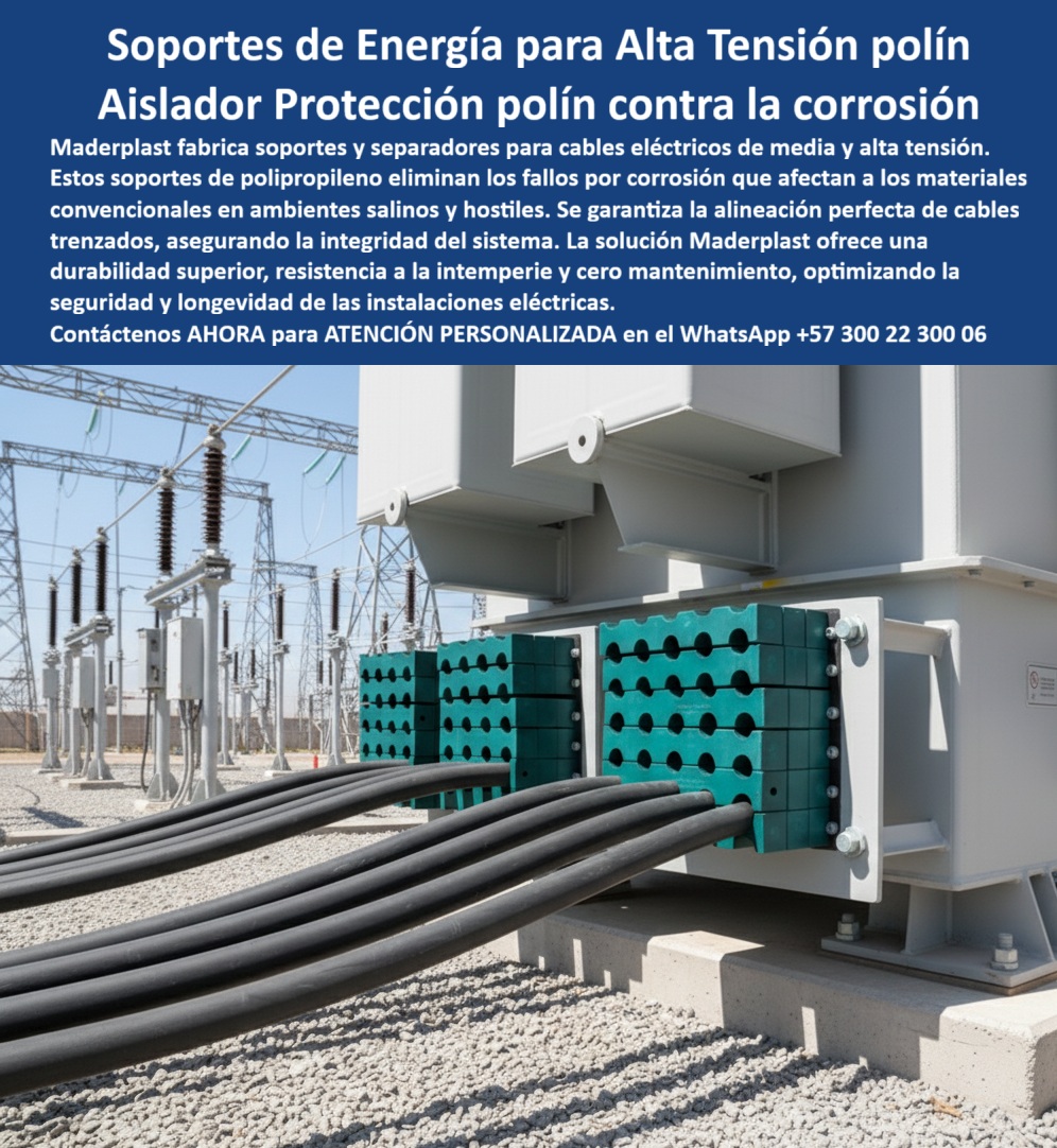 Soportes polines de energía separadores de cables eléctricos Abrazadera Maderplast 0 separadores cables de media y alta tensión separadores anticorrsivos para ambientes salinos Soporte de alineación para cables trenzados Materiales PP Soportes de Energía para Alta Tensión: Aisladores de Protección contra la Corrosión, En el sector energético, la fiabilidad y la seguridad son innegociables. Las fallas en los materiales convencionales, como la corrosión y el deterioro, comprometen la integridad de las instalaciones eléctricas. Pero tu proyecto merece una solución que perdure. La respuesta está en los soportes de energía para alta tensión polín, fabricados por Maderplast en polipropileno de alta resistencia. Estos separadores de cables eléctricos están diseñados para eliminar los fallos por corrosión que afectan a las subestaciones y líneas de transmisión, garantizando una durabilidad superior y un ciclo de vida prolongado, Si te preguntas dónde encuentro soportes anticorrosivos para cables de alta tensión, la respuesta es con Maderplast, el experto en aislador protección polín contra la corrosión. Nuestros separadores de polipropileno para cables de alta tensión y polines plásticos de alineación para subestaciones eléctricas garantizan una alineación perfecta de cables trenzados, evitando tensiones indebidas y fallos eléctricos. Si te cuestionas qué ventaja tienen los soportes plásticos frente a metálicos en cables de energía, la respuesta es simple: no se oxidan, no requieren recubrimientos y son totalmente inmunes a ambientes salinos y hostiles, lo que asegura continuidad operativa y un bajo costo de mantenimiento, La durabilidad es una de nuestras mayores promesas. Si te preguntas cuál es el mejor aislador para ambientes eléctricos con alta humedad, la respuesta es Maderplast. Nuestros separadores eléctricos de polipropileno técnico y soportes plásticos eléctricos con durabilidad extendida están diseñados para resistir humedad, salinidad y agentes químicos sin deteriorarse. Su bajo peso facilita el montaje, la sustitución rápida y la manipulación segura en campo, lo que los convierte en la inversión más inteligente para proyectos eléctricos industriales, El testimonio de Carlos Restrepo, un ingeniero eléctrico, lo confirma: "Decidimos implementar los soportes plásticos de Maderplast y el resultado fue inmediato: alineación perfecta de cables, cero corrosión y mayor seguridad del sistema." Esta experiencia demuestra que nuestras abrazaderas plásticas para alineación de cables eléctricos y separadores plásticos seguros para instalaciones eléctricas son la clave para proteger la infraestructura crítica de tu empresa, En Maderplast, cada uno de nuestros polines plásticos para subestaciones eléctricas anticorrosivas y soportes industriales plásticos para transmisión de energía es una promesa de calidad y fiabilidad. Somos el proveedor experto de abrazaderas plásticas anticorrosivas para cables eléctricos y soportes plásticos ligeros y resistentes para energía. Maderplast es la única y mejor opción que cumple tus requisitos, con soluciones que son seguras, económicas y de larga duración, eliminando por completo los problemas del metal, Contáctanos ahora para atención personalizada en el WhatsApp +57 300 22 300 06.