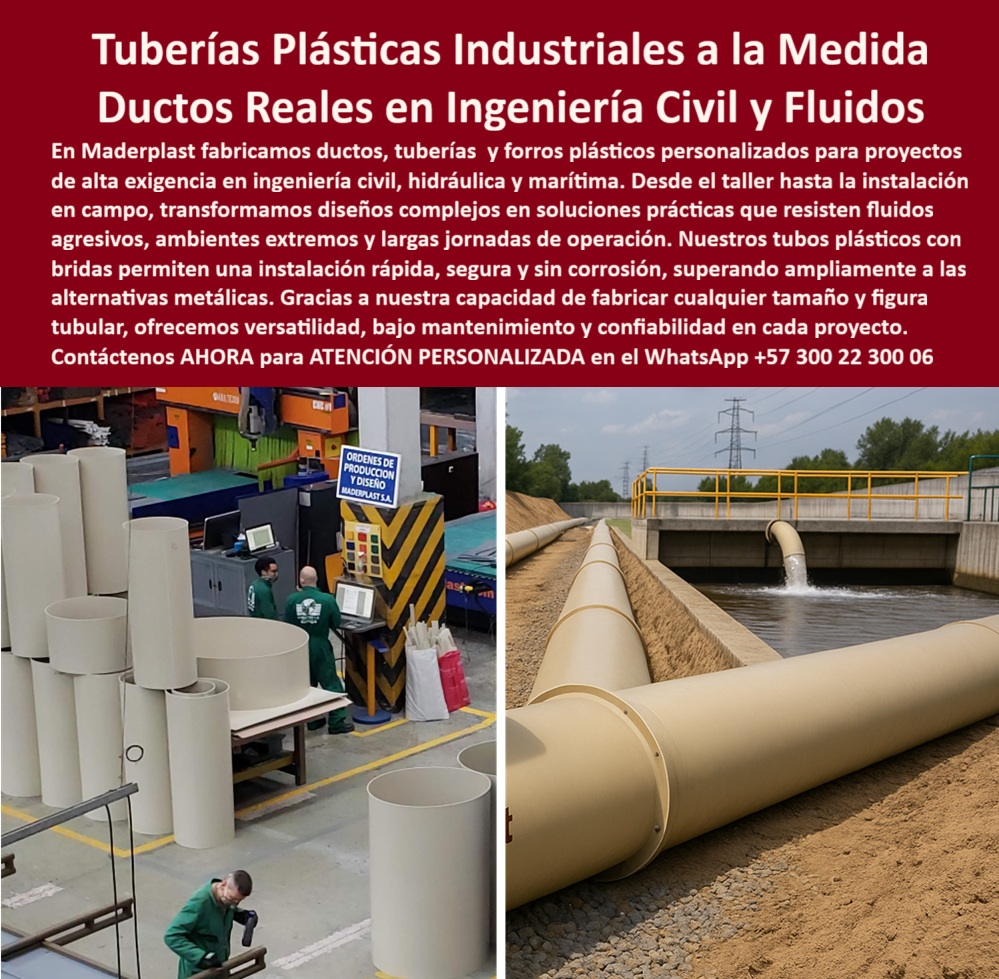 Tubos Ingeniería Civil Forro Pilotes Marinos Revestimiento Plástico Ductos Maderplast 0 Plásticos ingeniería proyectos imposibles ducto plástico con bridas instalación rápida soluciones plásticas personalizadas Manga protección Ptar Tuberías Plásticas Industriales a la Medida: Ductos Reales en Ingeniería Civil y Fluidos, En el exigente panorama de la ingeniería civil y la conducción de fluidos, las tuberías tradicionales de metal representan un riesgo constante de corrosión, fisuras y altos costos de mantenimiento. La solución definitiva está en las tuberías plásticas industriales a la medida de Maderplast, diseñadas como ductos reales en ingeniería civil y fluidos que superan ampliamente cualquier alternativa convencional, La imagen que observas es la prueba de nuestra capacidad. Si te preguntas qué tubería plástica industrial es mejor para proyectos hidráulicos, la respuesta es con Maderplast. Fabricamos ductos, tuberías y forros plásticos personalizados que resisten fluidos agresivos, ambientes extremos y largas jornadas de operación. Nuestros tubos plásticos industriales para plantas de tratamiento PTAR y ductos plásticos para plantas de aguas residuales cumplen con los requisitos más estrictos, soportando químicos agresivos y ambientes húmedos sin deterioro, La versatilidad es una de nuestras mayores fortalezas. Si te cuestionas qué tubería plástica reemplaza mejor al acero, la respuesta es la de Maderplast. Nuestras tuberías plásticas con bridas instalación rápida y segura y ducto plástico anticorrosivo con instalación modular son más ligeras, no se oxidan, no se corroen y no requieren recubrimientos, lo que asegura una vida útil prolongada y una reducción de costos. Si necesitas tuberías plásticas personalizadas para obras hidráulicas urbanas o ductos plásticos industriales para revestimiento de pilotes marinos, nuestra tecnología CNC permite fabricar cualquier tamaño, figura tubular y longitud, con bridas integradas para un montaje rápido y estandarizado, Nuestras tuberías plásticas de gran diámetro para ingeniería civil son la inversión más inteligente para el largo plazo. Si te preguntas qué ducto plástico anticorrosivo es recomendado en marina, la respuesta es Maderplast. Nuestros ductos plásticos resistentes a químicos y ambientes extremos y tubería plástica anticorrosiva para proyectos de ingeniería marítima se adaptan al ambiente salino, siendo ideales para revestimiento de pilotes marinos y obras costeras. Además, la tubería plástica ligera de alta resistencia industrial que fabricamos es perfecta para proyectos de riego agrícola, ya que es segura y fácil de instalar, El testimonio del Ing. Ricardo Fernández, Jefe de Proyecto en PTAR Metropolitana, lo valida: "Adoptamos las tuberías plásticas Maderplast y la diferencia fue inmediata: instalación rápida con bridas seguras, cero corrosión y resistencia a químicos agresivos. Hoy recomiendo Maderplast como la solución más confiable para ductos industriales de alto rendimiento." Esta experiencia demuestra que nuestros ductos plásticos reforzados para conducción de fluidos agresivos y ductos plásticos a medida para conducción de fluidos son la clave para la tranquilidad en tus proyectos, En Maderplast, cada uno de nuestros tubos ingeniería civil y ductos plásticos reforzados de gran capacidad hidráulica es una promesa de calidad y fiabilidad. Somos el proveedor líder de tubos plásticos con bridas y soluciones plásticas personalizadas. Maderplast es la única y mejor opción que cumple tus requisitos, con soluciones que son seguras, duraderas y de alta resistencia, eliminando por completo los problemas del metal, Contáctenos ahora para atención personalizada al WhatsApp +57 300 22 300 06.
