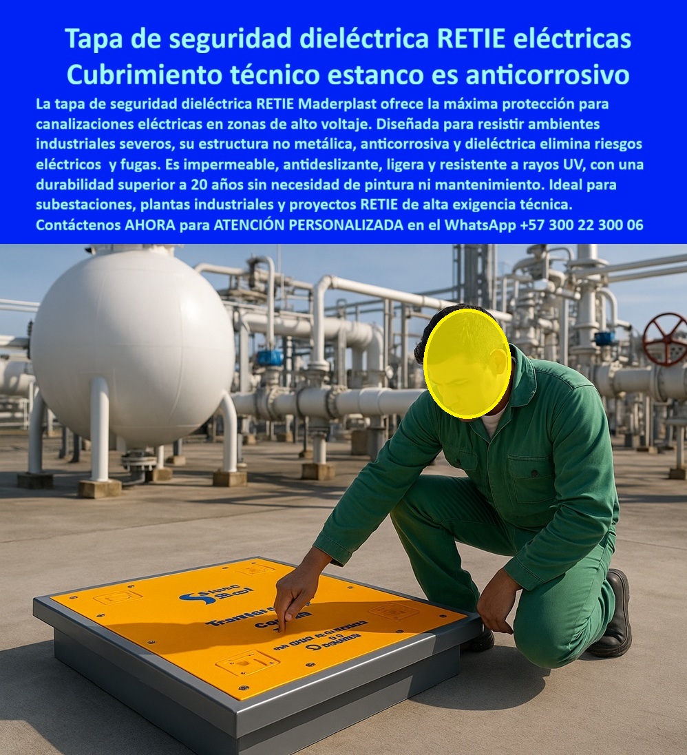 Canalizaciones Eléctricas Tapa Retie alta tensión Maderplast 0 Tapa Instalación terminada en subestación eléctrica con tapas alineadas sobre canalización técnica Tapas de seguridad dieléctrica zonas de alto voltaje y subestaciones eléctrica