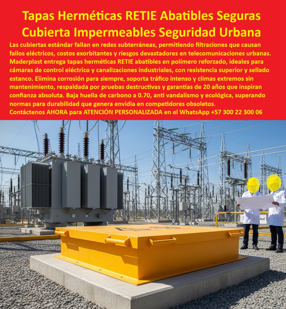 Cubierta Hermética y Tapa Impermeable Estanca Maderplast 0 Tapa técnica abatible para cámaras de telecomunicaciones y control eléctrico urbano Tapa reforzada polímero para redes eléctricas subterráneas y canalizaciones industriales segura Retie