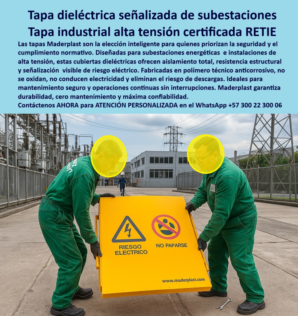 Cubiertas Tapas industriales Tapa alta tensión Retie Maderplast 0 Tapa subestaciones industriales Tapas dieléctricas con señalización de riesgo eléctrico ideales mantenimiento y seguridad en subestaciones energéticas Cubiertas modulares Retie PP