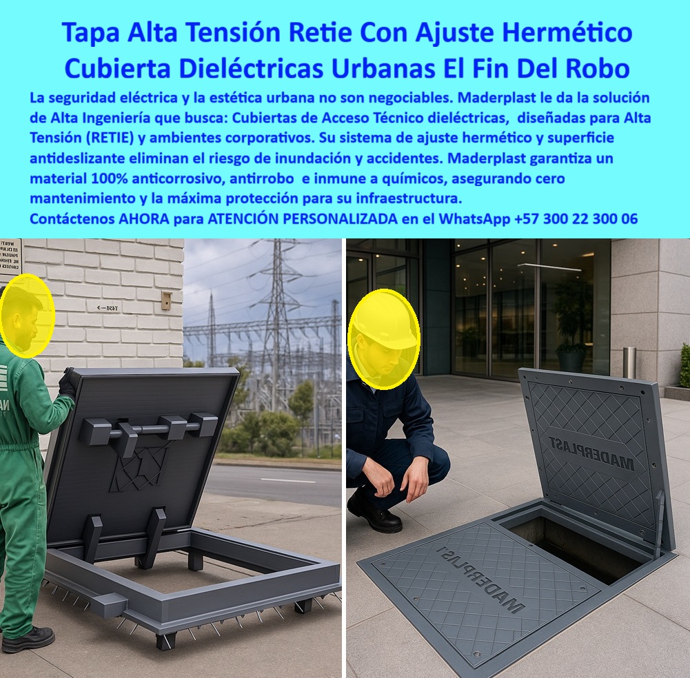 Cubiertas industriales Tapa alta tensión Retie Maderplast 0 Cubiertas de acceso técnico protección de cámaras eléctricas industriales Cubiertas alta ingeniería con ajuste hermético superficie antideslizante y material dieléctrico optimizado