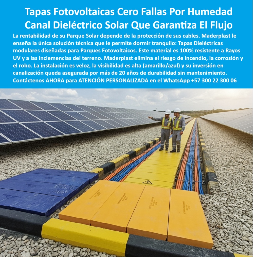 Ductos Canal Tapas Cajas Retie Parques Solares Rayos Uv Maderplast 0 Cujbiertas en terrenos solares amplios Tapas Dieléctricas para Canalización de Cableado en Parques Solares Fotovoltaicos Tapas para parques solares Dieléctricas resistentes UV
