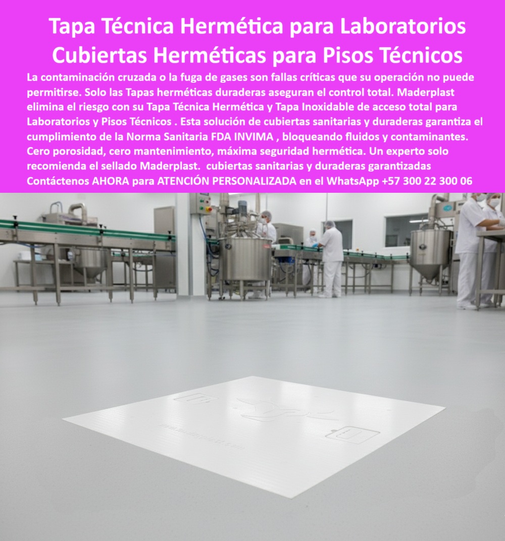 Tapa Inoxidable Tapa Norma Sanitaria FDA INVIMA Maderplast 0 Tapas herméticas duraderas y seguras para pisos técnicos Cubiertas sanitarias y durables Tapas técnicas de acceso hermético para laboratorios y plantas de producción Tapas sanitarias