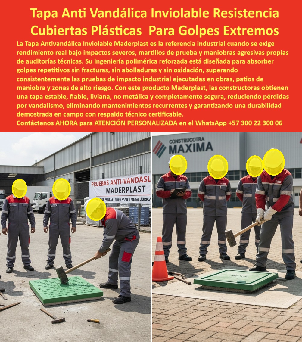 Tapa Inviolable Alta Resistencia Plástica Antivandálica Tapa Maderplast 0 tapas Pruebas de Golpe y Seguridad Tapas confianza resistencia certificada respaldo industrial Tapas pruebas de impacto industrial Tapa Plástica Antivandálica Cons