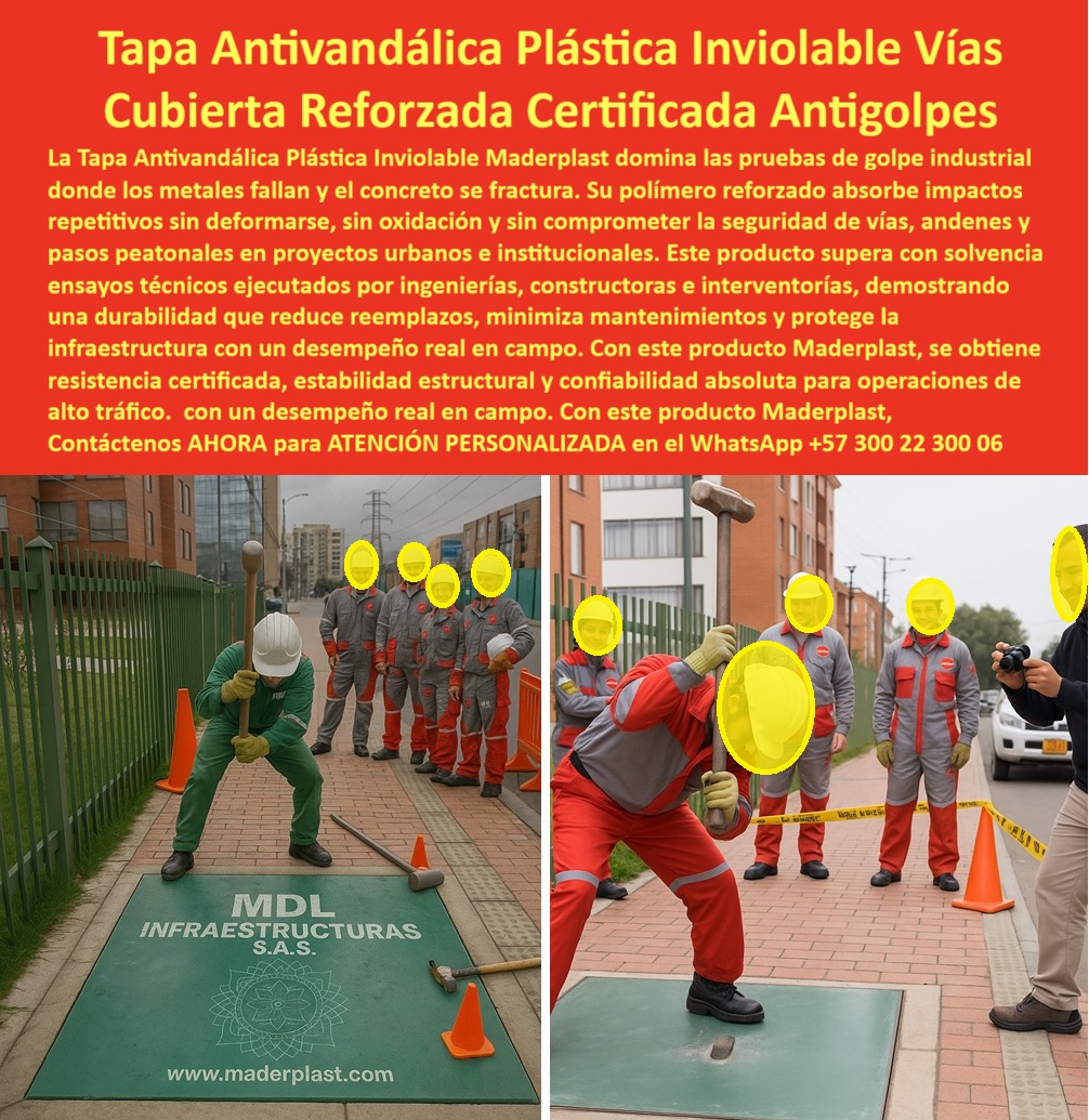 Tapa Inviolable Plástica Alta Resistencia Tapa Antivandálica Maderplast 0 Pruebas de Golpe Industrial Tapa Plástica Reforzada para Vías y Andenes Ensayos Antigolpes de Alta Durabilidad tapas con pruebas técnicas institucionales de ingenierías