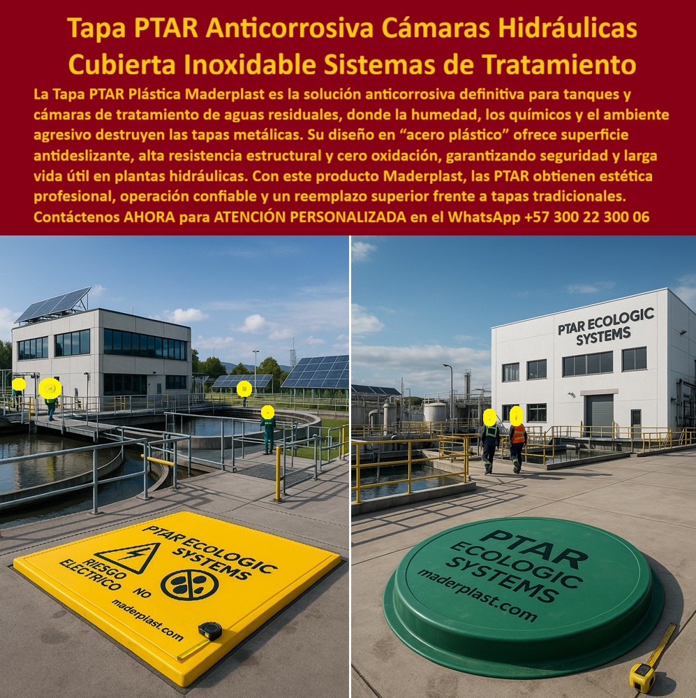 Tapa Plástica Anticorrosiva Acero Plastico Cámaras Ptar Hidráulicas Maderplast 0 Tapa tanques de tratamiento de agua residual PTAR Tapa gris con superficie antideslizante y detalles amarillos Solución estética y duradera que reemplaza tapas Ptar