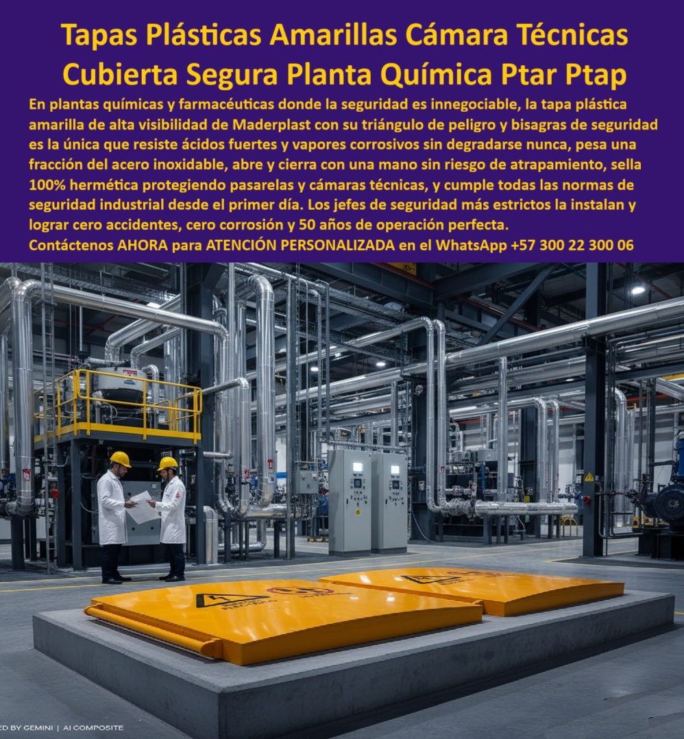 Tapa Plástica Anticorrosiva Ptar Cámaras Hidráulicas Maderplast 0 Alternativa duradera a las tapas metálicas Material compuesto de ingeniería anticorrosivo y liviano diseñado para seguridad operativa en pasarelas y cámaras técnicas