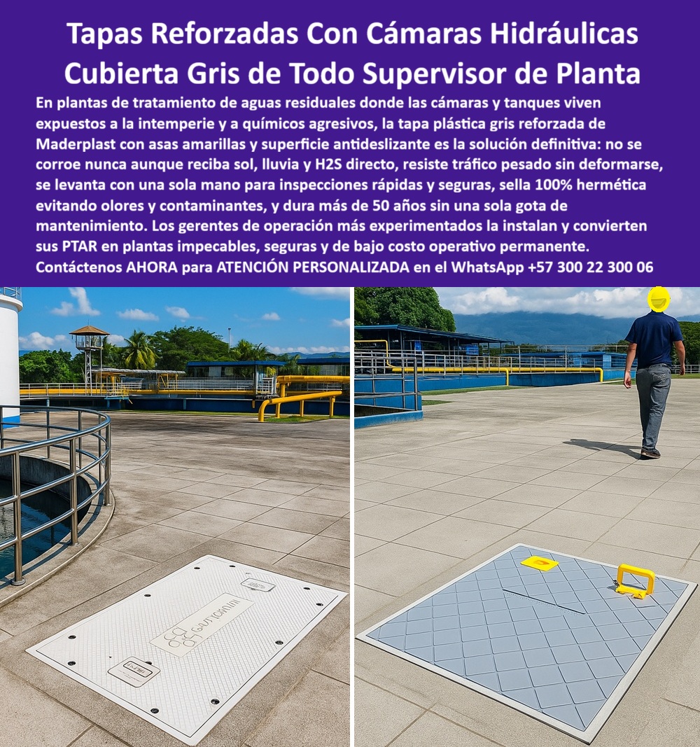 Tapa Plástica Anticorrosiva Ptar Cámaras Hidráulicas Maderplast 0 Tapa plástica reforzada para cámaras hidráulicas y tanques de tratamiento de agua residual tapas grises de gran formato utilizadas en plantas de tratamiento de aguas residuales PP