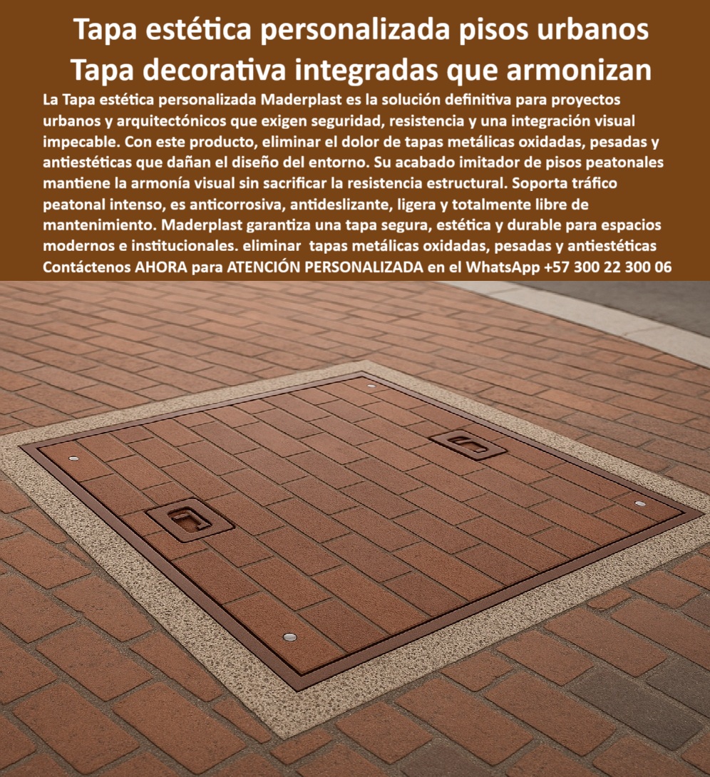 Tapa con Acabado personalizable por color y textura Maderplast 0 Tapas acorde y similar acabado del piso peatonal o institucional Tapa con integración estética en espacios públicos Tapa integración estética el piso húmedo Tapas acorde y similar