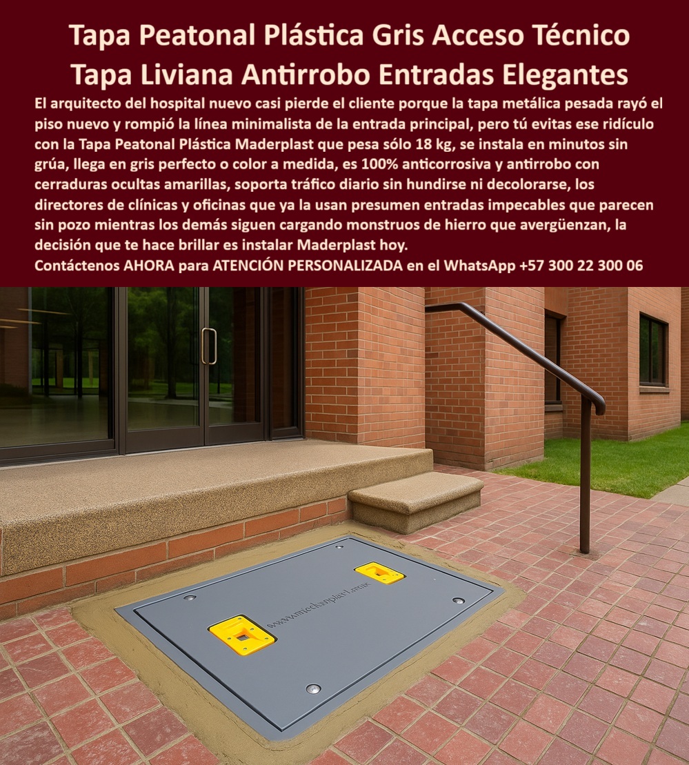 Tapa peatonal plástica Maderplast 0 Tapa anticorrosiva liviana y segura diseñada sistemas eléctricos hidráulicos y sanitarios. Ideal espacios industriales institucionales o comerciales donde se requiere acceso técnico sin afectar la estética