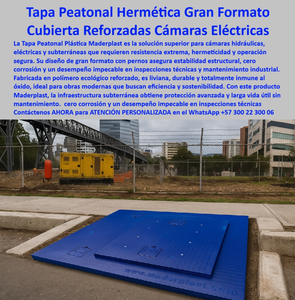 Tapa peatonal plástica Maderplast 0 Tapa para cámaras hidráulicas o eléctricas resistente ecológica y de alta durabilidad Tapa plástica reforzada Maderplast de gran formato inspección técnica y mantenimiento subterráneo Tapa hermética FDA