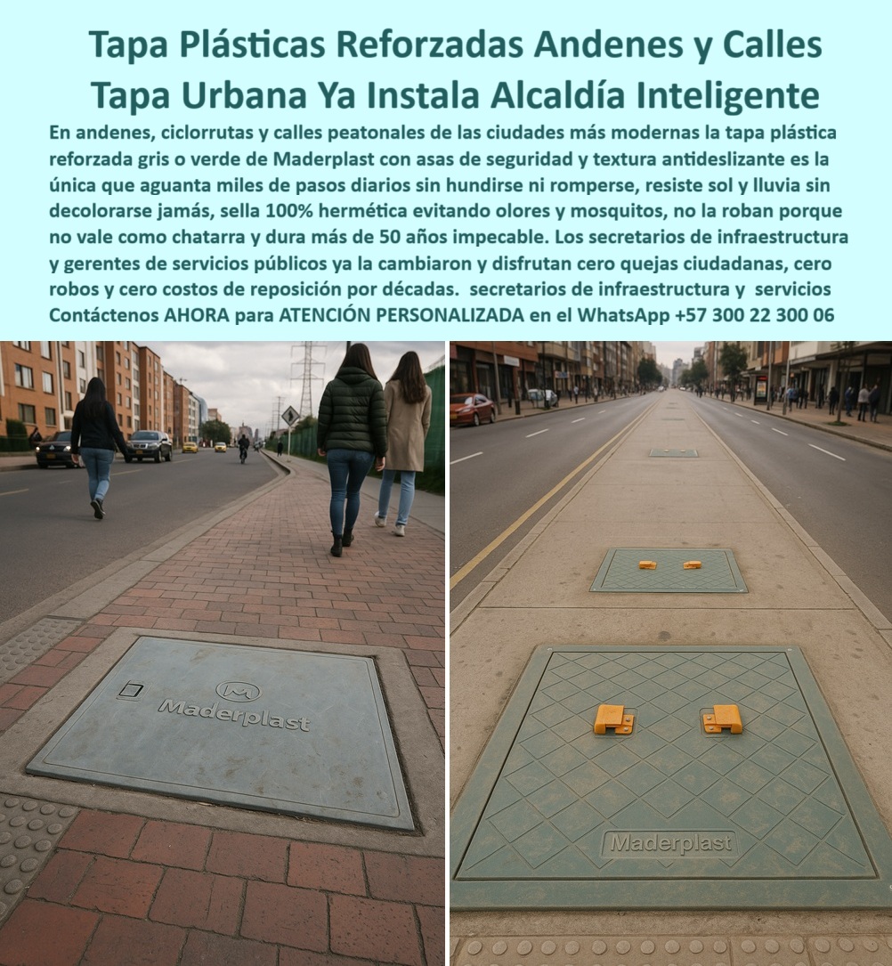 Tapa plástica reforzada fuerte Maderplast 0 Tapas urbanas resistente estética y libre de mantenimiento Tapa plástica estructural para calles peatonales andenes y redes subterráneas urbanas Tapa plástica reforzada de alta resistencia peatonal