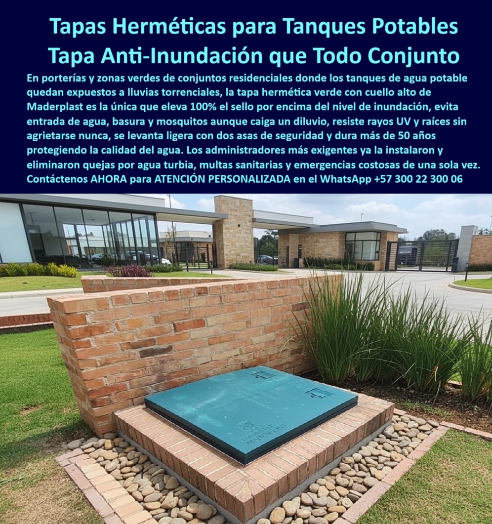 Tapas Herméticas Anti Inundación Anti Contaminación Tapa Seguridad Maderplast 0 Tapa sobresaliente con cuello alto Hermética anticontaminación y estanca Evita filtraciones y protege tanques de agua potable o PTAR La solución que ofrece Tapa PP
