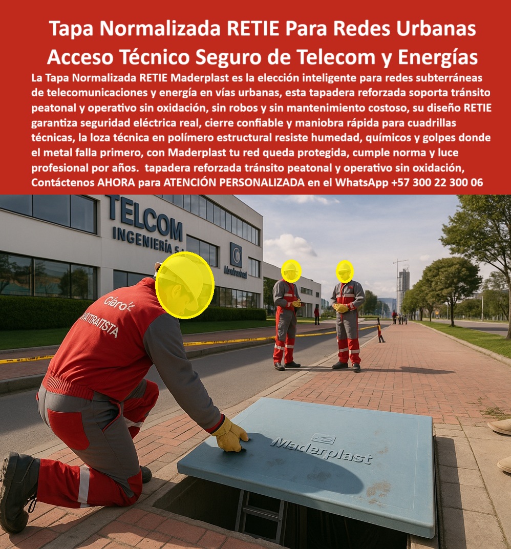 Tapas Normalizada Retie Redes Subterráneas Tapa Maderplast 0 Tapas instaladas con norma Retie vías urbanas Tapa plástica reforzada para telecomunicaciones y energía Anticorrosiva resistente y segura en entornos urbanos Tapa de acceso plástica PP