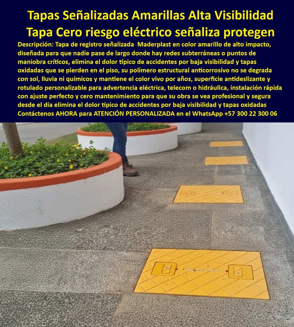Tapas señalizadas rotuladas marcadas diseñadas como señalización Maderplast 0 Tapa segura y sin corrosión Ideal inspección de redes subterráneas y zonas públicas Tapas de alta visibilidad seguridad industrial Tapa de señalización visual PP