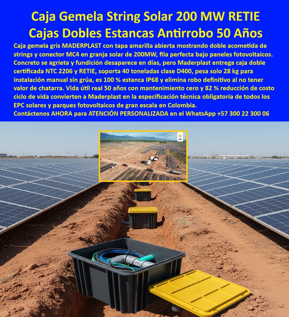 Proyectos Solares Caja Plástica Cámara Conexiones Granjas Solares Maderplast 0 caja gemela string solar 200 MW, caja doble acometida solar RETIE, caja parques solares 40 ton, caja string double instalación 28 kg, caja gemela solar 82 % ahorro PP Proyectos Solares Caja Plástica Cámara Conexiones Granjas Solares Maderplast 0 caja gemela string solar 200 MW caja doble acometida solar RETIE caja parques solares 40 ton caja string double instalación 28 kg caja gemela solar 82 ahorro PP