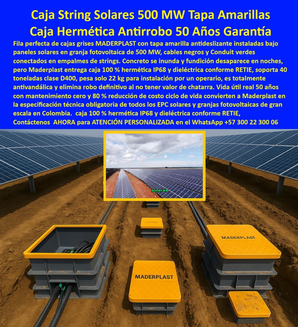 Proyectos Solares Caja Plástica Cámara Conexiones Granjas Solares Maderplast 0 caja string solar 500 MW tapa amarilla, caja empalmes fotovoltaica hermética, caja paso solar 40 toneladas antivandálica, caja string granja solar 80 % ahorro Retie Proyectos Solares Caja Plástica Cámara Conexiones Granjas Solares Maderplast 0 caja string solar 500 MW tapa amarilla caja empalmes fotovoltaica hermética caja paso solar 40 toneladas antivandálica caja string granja solar 80 ahorro Retie