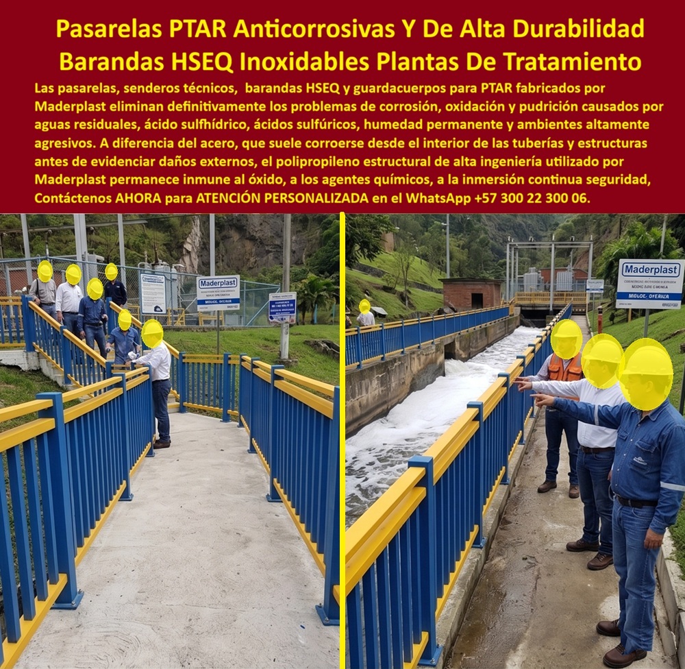 Pasarelas con Barandas Ptar Anticorrosivas Senderos PTAR Maderplast Antideslizantes Alta Resistencia Humedad Barandas de Seguridad para Pasarelas PTAR Inoxidables Químicos Barandas HSEQ Para Infraestructura Hidráulica Permanente Barandas PTAR