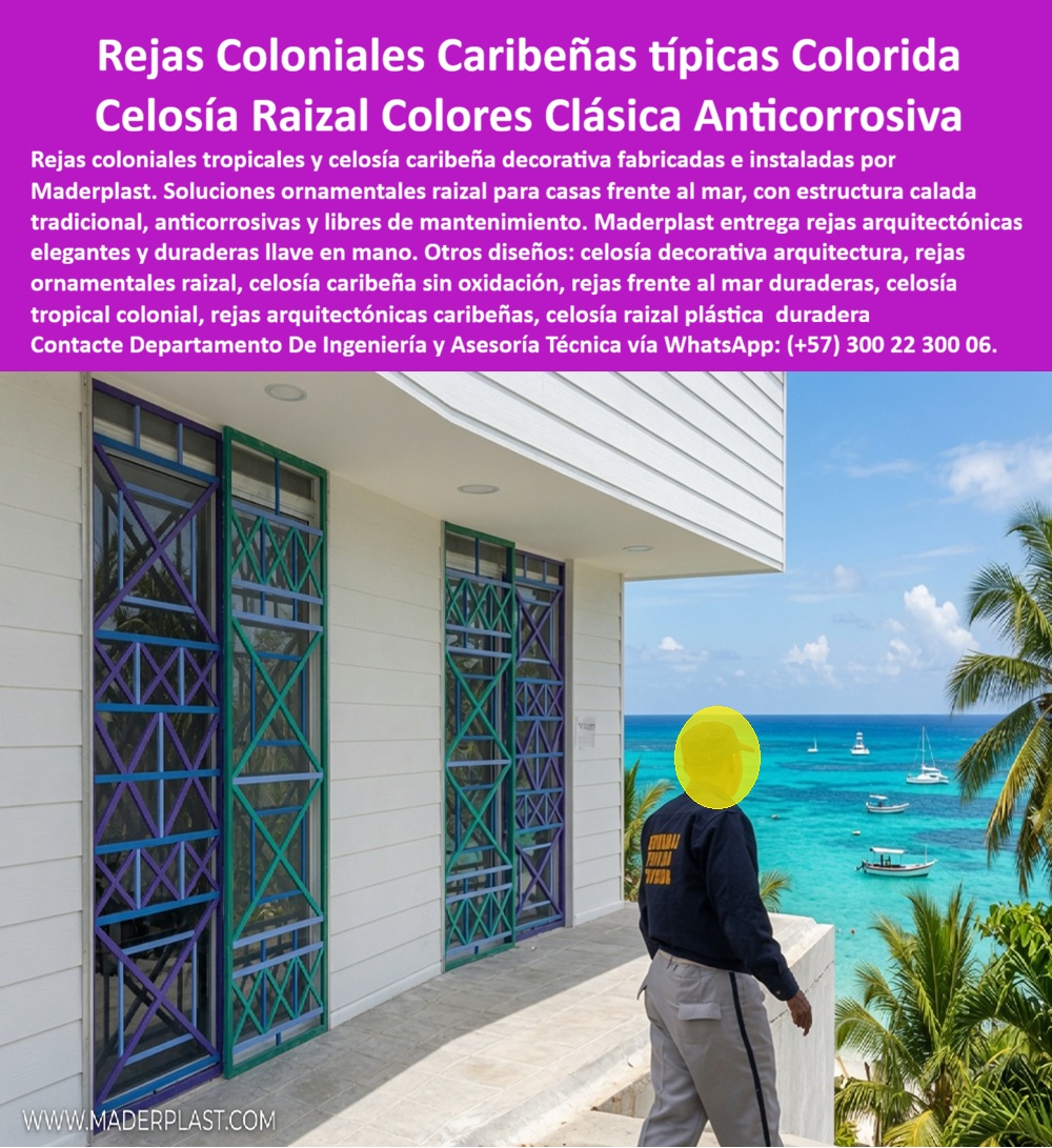 Rejas Coloniales Tropicales Celosía Caribeña Decorativa Maderplast Rejas Arquitectónicas Casas Frente Al Mar Reja Ornamental Raizal Caribeña Anticorrosiva Libre Mantenimiento Rejas Decorativas Casas Caribeñas Estructura calada tradicional