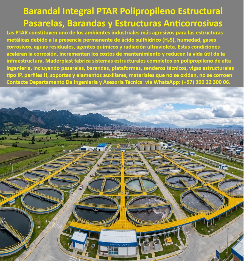Sistema Barandas Sendero PTAR Pasarelas Plataformas Maderplast Barandas PTAR anticorrosivas alta seguridad Sistemas de mantenimiento industrial Sistema Pasarelas PTAR Anticorrosivo Larga Duración Sistema de circulación plantas de tratamiento