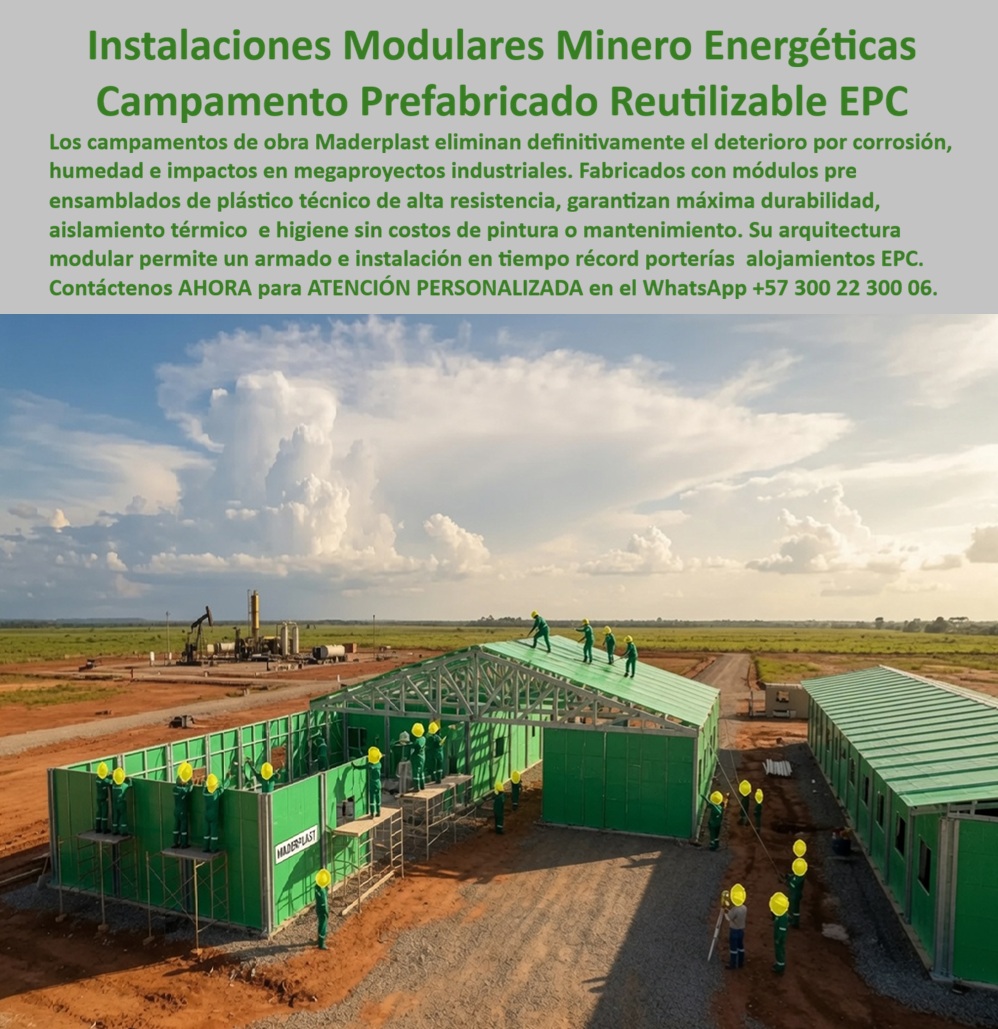 Campamento Portería Almacén Campamentos Alojamientos EPC Maderplast - Campamentos Modulares para Minería, Energía y Proyectos EPC: Infraestructura Reutilizable de Alto Desempeño para Grandes Operaciones Industriales La imagen muestra un moderno campamento prefabricado reutilizable en plena etapa de instalación para un proyecto del sector minero–energético. El conjunto integra oficinas, alojamientos, bodegas, áreas de operación y servicios mediante una arquitectura modular diseñada para responder a los exigentes requerimientos de las compañías EPC (Engineering, Procurement and Construction), minería, petróleo, gas, energías renovables e infraestructura. Más que un grupo de edificaciones temporales, el sistema representa una plataforma industrial reutilizable que puede acompañar a una empresa durante múltiples proyectos, reduciendo tiempos de construcción, costos operativos y necesidades de mantenimiento. En una gran obra, el campamento constituye el verdadero centro neurálgico de la operación. Desde allí se administran los contratos, la logística, la seguridad industrial, el almacenamiento de materiales, la ingeniería de campo, el alojamiento del personal y la coordinación de todas las actividades productivas. Cada día que se retrasa la disponibilidad de estas instalaciones representa pérdidas económicas, retrasos en el cronograma y disminución de la productividad. Por ello, las instalaciones modulares para el sector minero energético, los campamentos prefabricados premium, los campamentos reutilizables para personal EPC, las porterías modulares, los alojamientos industriales, los módulos administrativos, las bodegas prefabricadas y los campamentos corporativos de alta resistencia constituyen una solución cada vez más utilizada en proyectos de gran magnitud. Una de las mayores fortalezas del sistema desarrollado por Maderplast es su capacidad de reutilización. Una vez finaliza una obra, los módulos pueden desmontarse cuidadosamente, transportarse hasta un nuevo proyecto y volver a instalarse con la misma funcionalidad, conservando su valor como activo de la empresa. Esto elimina la necesidad de construir nuevamente la infraestructura administrativa y habitacional en cada contrato, generando importantes ahorros durante toda la vida útil del sistema y convirtiendo la inversión inicial en un patrimonio reutilizable. Desde el punto de vista técnico, los módulos son fabricados con materiales de ingeniería diseñados para soportar ambientes altamente exigentes. La resistencia frente a humedad, corrosión, radiación ultravioleta, insectos, termitas y agentes ambientales permite reducir significativamente las labores de mantenimiento respecto a edificaciones convencionales. Esta condición resulta especialmente importante para proyectos ubicados en zonas mineras, campos petroleros, parques solares, corredores energéticos, selvas tropicales, regiones costeras y áreas industriales donde las condiciones ambientales aceleran el deterioro de los materiales tradicionales. Otro aspecto determinante es la rapidez de instalación. Al tratarse de un sistema industrializado, gran parte del proceso constructivo se desarrolla previamente en fábrica bajo condiciones controladas. Posteriormente, los módulos son transportados al sitio de la obra para ensamblarse de forma rápida y ordenada, permitiendo disponer en poco tiempo de oficinas administrativas, dormitorios, comedores, enfermeras, almacenes, salas de reuniones, centros de control, talleres, laboratorios y demás instalaciones necesarias para el funcionamiento integral del proyecto. La modularidad también ofrece una extraordinaria capacidad de crecimiento. Conforme aumentan las necesidades operativas, es posible incorporar nuevos módulos sin alterar la infraestructura existente, facilitando ampliaciones progresivas, redistribuciones funcionales y adaptaciones específicas para cada fase del proyecto. Esta flexibilidad resulta especialmente valiosa en contratos EPC, donde el tamaño del personal y las necesidades logísticas evolucionan constantemente durante la ejecución de la obra. Para gerentes de proyectos, directores de construcción, empresas mineras, petroleras, energéticas y contratistas de infraestructura, la evaluación técnica debe centrarse en el costo total de propiedad y no únicamente en el valor inicial de adquisición. Un campamento reutilizable, durable y de bajo mantenimiento reduce gastos repetitivos, disminuye tiempos improductivos y conserva un alto valor patrimonial durante muchos años. Bajo este enfoque, la infraestructura deja de ser un costo temporal para convertirse en una herramienta estratégica que acompaña permanentemente el crecimiento de la organización. Maderplast diseña y fabrica estos campamentos modulares premium mediante procesos industriales especializados, ingeniería propia y fabricación personalizada para cada cliente. La empresa opera bajo sistemas certificados ISO 9001 para gestión de calidad e ISO 14001 para gestión ambiental, ofreciendo diseño arquitectónico, ingeniería, fabricación, transporte, instalación y acompañamiento técnico integral. Cada proyecto puede configurarse de acuerdo con el número de trabajadores, las condiciones climáticas, la duración de la obra y los requerimientos específicos del cliente, permitiendo desarrollar soluciones completamente adaptadas a cada operación. Diversas compañías vinculadas a minería, hidrocarburos, energía, infraestructura, construcción y proyectos industriales han incorporado soluciones modulares desarrolladas por Maderplast buscando mejorar su eficiencia logística y reducir costos operativos. Por acuerdos de confidencialidad no se divulgan públicamente todos los proyectos ejecutados, pero la empresa puede presentar referencias comerciales, antecedentes de suministro, renders, modelos tridimensionales, planos arquitectónicos y propuestas técnicas personalizadas para facilitar la toma de decisiones. La inversión en campamentos prefabricados reutilizables, instalaciones modulares para minería y energía, campamentos EPC, porterías industriales, alojamientos modulares, oficinas transportables y estructuras corporativas de alta durabilidad representa una decisión estratégica orientada a incrementar la productividad, proteger la inversión y disponer de infraestructura reutilizable para múltiples contratos futuros. Más que construir un campamento temporal, significa desarrollar una plataforma operativa permanente, preparada para crecer junto con la empresa, reducir costos de mantenimiento, acelerar el inicio de operaciones y fortalecer la competitividad de cada nuevo proyecto. Descripción Ficha técnica Resumida del producto: Campamentos modulares para minería, energía y proyectos EPC, instalaciones prefabricadas reutilizables, porterías, alojamientos, oficinas y bodegas industriales. Soluciones Maderplast de rápida instalación, alta durabilidad, bajo mantenimiento y reutilización continua para grandes proyectos de infraestructura. Contáctenos ahora mismo por WhatsApp y reciba atención personalizada de un asesor especializado: +57 300 22 300 06. instalaciones modulares sector minero energético, Campamentos Prefabricados Premium, Campamentos de Personal Reutilizables EPC, campamentos premium reutilizables Campamento Portería Almacén Campamentos Alojamientos EPC Maderplast instalaciones modulares sector minero energético Campamentos Prefabricados Premium Campamentos de Personal Reutilizables EPC campamentos premium reutilizables Campamentos Modulares para Minería, Energía y Proyectos EPC: Infraestructura Reutilizable de Alto Desempeño para Grandes Operaciones Industriales La imagen muestra un moderno campamento prefabricado reutilizable en plena etapa de instalación para un proyecto del sector minero–energético. El conjunto integra oficinas, alojamientos, bodegas, áreas de operación y servicios mediante una arquitectura modular diseñada para responder a los exigentes requerimientos de las compañías EPC (Engineering, Procurement and Construction), minería, petróleo, gas, energías renovables e infraestructura. Más que un grupo de edificaciones temporales, el sistema representa una plataforma industrial reutilizable que puede acompañar a una empresa durante múltiples proyectos, reduciendo tiempos de construcción, costos operativos y necesidades de mantenimiento. En una gran obra, el campamento constituye el verdadero centro neurálgico de la operación. Desde allí se administran los contratos, la logística, la seguridad industrial, el almacenamiento de materiales, la ingeniería de campo, el alojamiento del personal y la coordinación de todas las actividades productivas. Cada día que se retrasa la disponibilidad de estas instalaciones representa pérdidas económicas, retrasos en el cronograma y disminución de la productividad. Por ello, las instalaciones modulares para el sector minero energético, los campamentos prefabricados premium, los campamentos reutilizables para personal EPC, las porterías modulares, los alojamientos industriales, los módulos administrativos, las bodegas prefabricadas y los campamentos corporativos de alta resistencia constituyen una solución cada vez más utilizada en proyectos de gran magnitud. Una de las mayores fortalezas del sistema desarrollado por Maderplast es su capacidad de reutilización. Una vez finaliza una obra, los módulos pueden desmontarse cuidadosamente, transportarse hasta un nuevo proyecto y volver a instalarse con la misma funcionalidad, conservando su valor como activo de la empresa. Esto elimina la necesidad de construir nuevamente la infraestructura administrativa y habitacional en cada contrato, generando importantes ahorros durante toda la vida útil del sistema y convirtiendo la inversión inicial en un patrimonio reutilizable. Desde el punto de vista técnico, los módulos son fabricados con materiales de ingeniería diseñados para soportar ambientes altamente exigentes. La resistencia frente a humedad, corrosión, radiación ultravioleta, insectos, termitas y agentes ambientales permite reducir significativamente las labores de mantenimiento respecto a edificaciones convencionales. Esta condición resulta especialmente importante para proyectos ubicados en zonas mineras, campos petroleros, parques solares, corredores energéticos, selvas tropicales, regiones costeras y áreas industriales donde las condiciones ambientales aceleran el deterioro de los materiales tradicionales. Otro aspecto determinante es la rapidez de instalación. Al tratarse de un sistema industrializado, gran parte del proceso constructivo se desarrolla previamente en fábrica bajo condiciones controladas. Posteriormente, los módulos son transportados al sitio de la obra para ensamblarse de forma rápida y ordenada, permitiendo disponer en poco tiempo de oficinas administrativas, dormitorios, comedores, enfermeras, almacenes, salas de reuniones, centros de control, talleres, laboratorios y demás instalaciones necesarias para el funcionamiento integral del proyecto. La modularidad también ofrece una extraordinaria capacidad de crecimiento. Conforme aumentan las necesidades operativas, es posible incorporar nuevos módulos sin alterar la infraestructura existente, facilitando ampliaciones progresivas, redistribuciones funcionales y adaptaciones específicas para cada fase del proyecto. Esta flexibilidad resulta especialmente valiosa en contratos EPC, donde el tamaño del personal y las necesidades logísticas evolucionan constantemente durante la ejecución de la obra. Para gerentes de proyectos, directores de construcción, empresas mineras, petroleras, energéticas y contratistas de infraestructura, la evaluación técnica debe centrarse en el costo total de propiedad y no únicamente en el valor inicial de adquisición. Un campamento reutilizable, durable y de bajo mantenimiento reduce gastos repetitivos, disminuye tiempos improductivos y conserva un alto valor patrimonial durante muchos años. Bajo este enfoque, la infraestructura deja de ser un costo temporal para convertirse en una herramienta estratégica que acompaña permanentemente el crecimiento de la organización. Maderplast diseña y fabrica estos campamentos modulares premium mediante procesos industriales especializados, ingeniería propia y fabricación personalizada para cada cliente. La empresa opera bajo sistemas certificados ISO 9001 para gestión de calidad e ISO 14001 para gestión ambiental, ofreciendo diseño arquitectónico, ingeniería, fabricación, transporte, instalación y acompañamiento técnico integral. Cada proyecto puede configurarse de acuerdo con el número de trabajadores, las condiciones climáticas, la duración de la obra y los requerimientos específicos del cliente, permitiendo desarrollar soluciones completamente adaptadas a cada operación. Diversas compañías vinculadas a minería, hidrocarburos, energía, infraestructura, construcción y proyectos industriales han incorporado soluciones modulares desarrolladas por Maderplast buscando mejorar su eficiencia logística y reducir costos operativos. Por acuerdos de confidencialidad no se divulgan públicamente todos los proyectos ejecutados, pero la empresa puede presentar referencias comerciales, antecedentes de suministro, renders, modelos tridimensionales, planos arquitectónicos y propuestas técnicas personalizadas para facilitar la toma de decisiones. La inversión en campamentos prefabricados reutilizables, instalaciones modulares para minería y energía, campamentos EPC, porterías industriales, alojamientos modulares, oficinas transportables y estructuras corporativas de alta durabilidad representa una decisión estratégica orientada a incrementar la productividad, proteger la inversión y disponer de infraestructura reutilizable para múltiples contratos futuros. Más que construir un campamento temporal, significa desarrollar una plataforma operativa permanente, preparada para crecer junto con la empresa, reducir costos de mantenimiento, acelerar el inicio de operaciones y fortalecer la competitividad de cada nuevo proyecto. Descripción Ficha técnica Resumida del producto: Campamentos modulares para minería, energía y proyectos EPC, instalaciones prefabricadas reutilizables, porterías, alojamientos, oficinas y bodegas industriales. Soluciones Maderplast de rápida instalación, alta durabilidad, bajo mantenimiento y reutilización continua para grandes proyectos de infraestructura. Contáctenos ahora mismo por WhatsApp y reciba atención personalizada de un asesor especializado: +57 300 22 300 06.